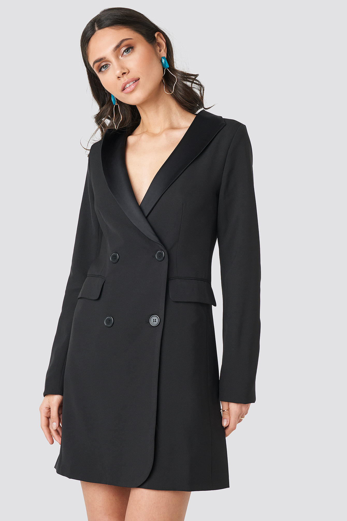 Satin Collar Blazer Dress Black