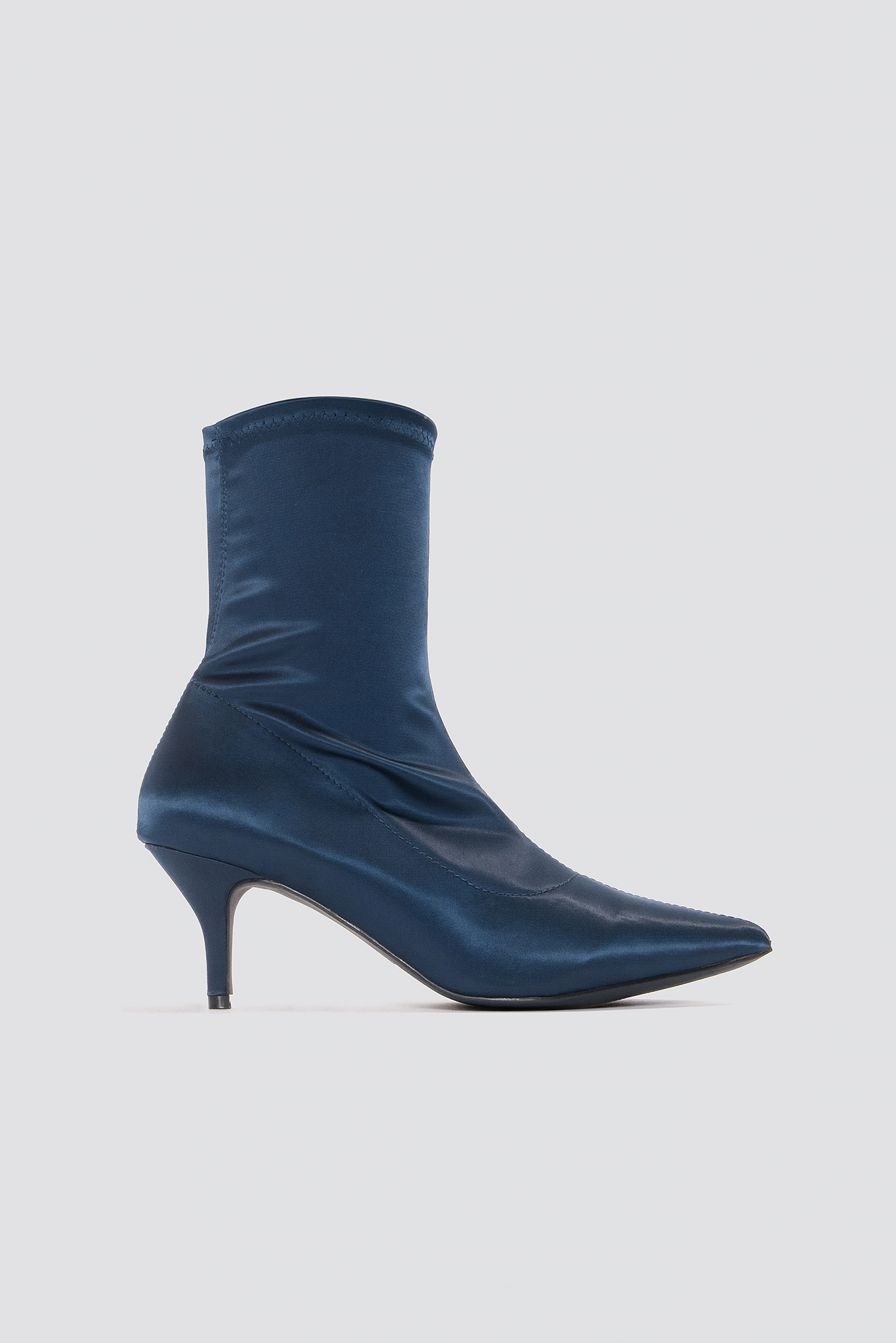 Satin Kitten Heel Sock Boots Dark Blue
