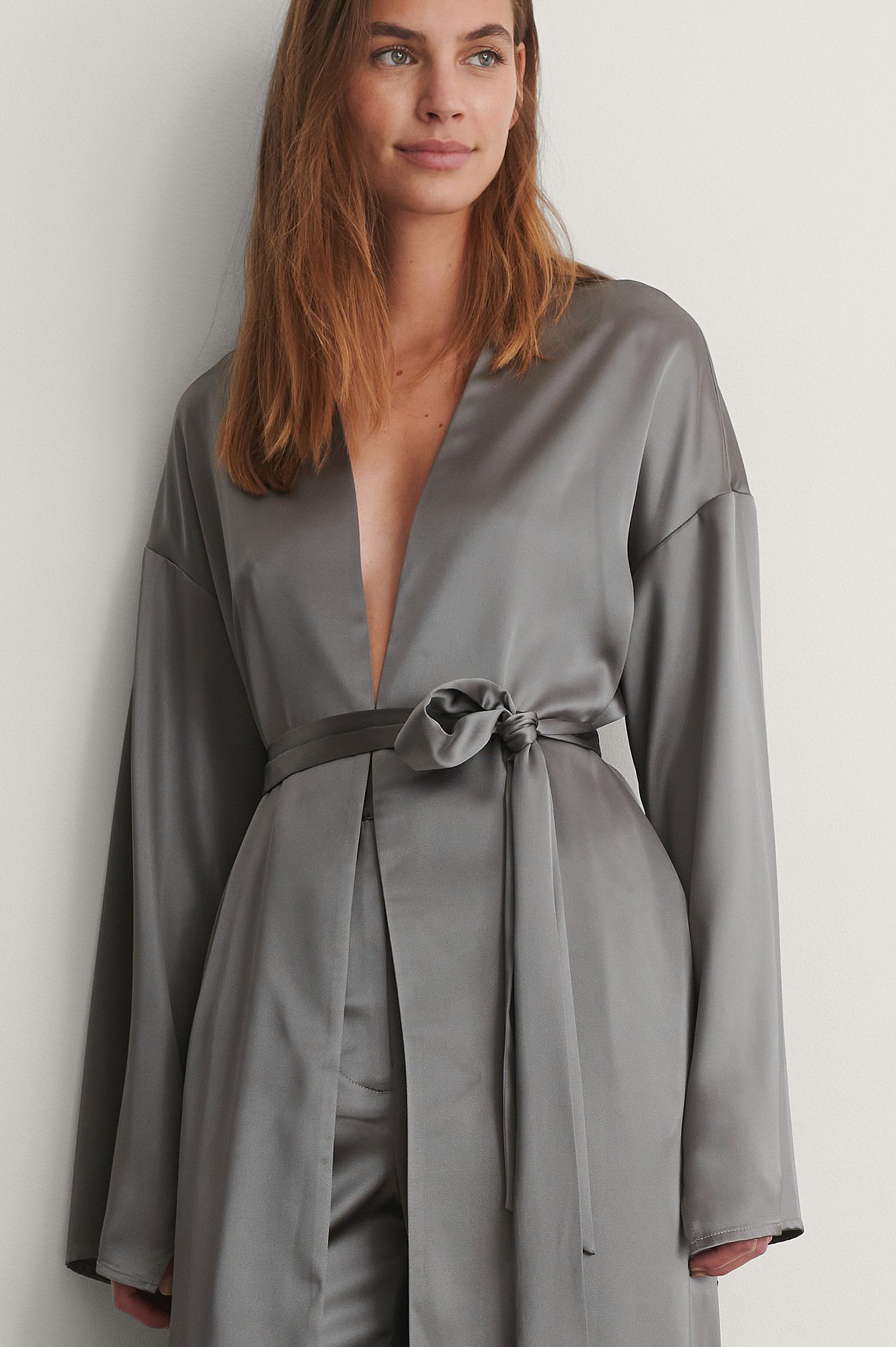Grey Satin Maxi Length Robe