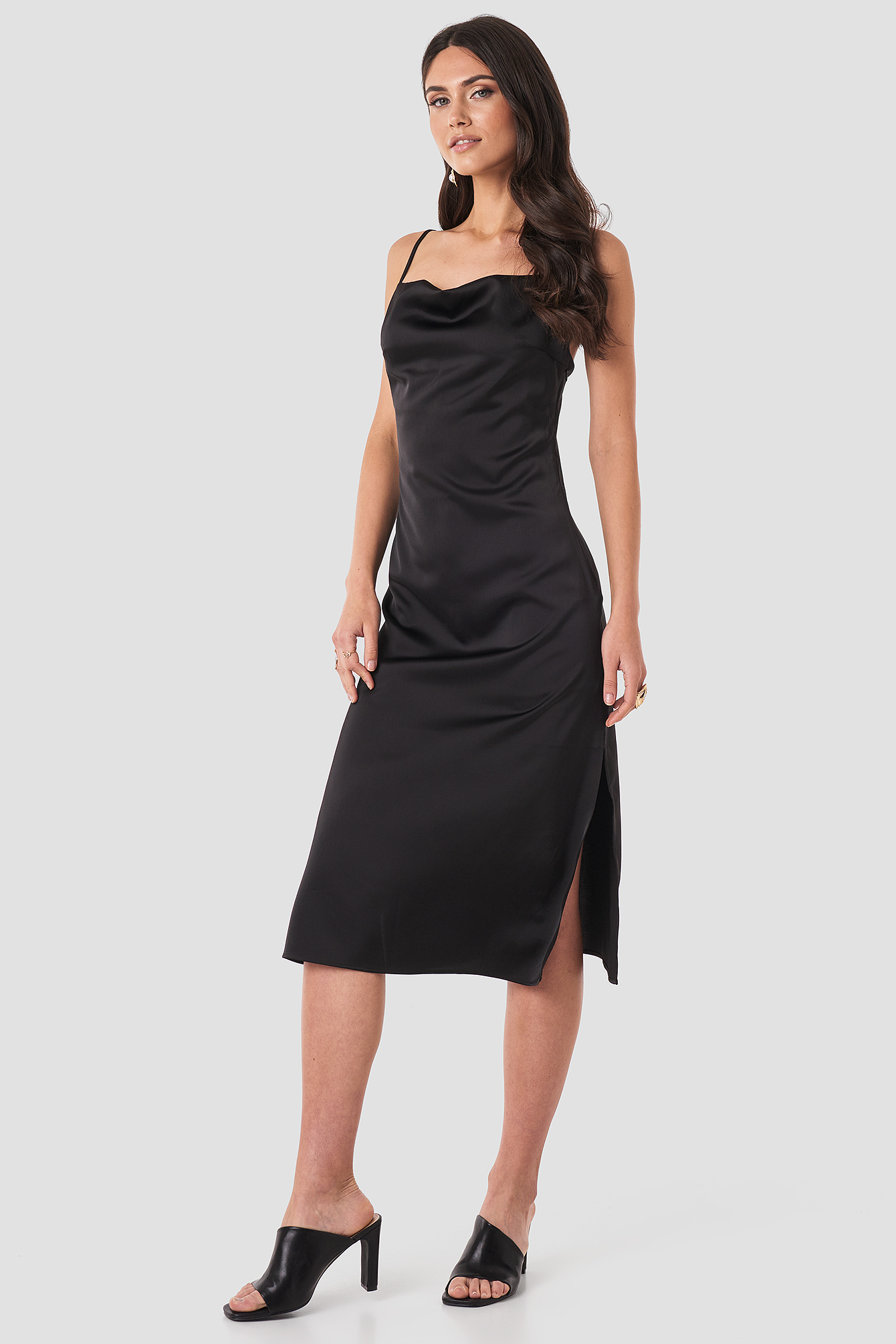 Satin Midi Slip Dress Black