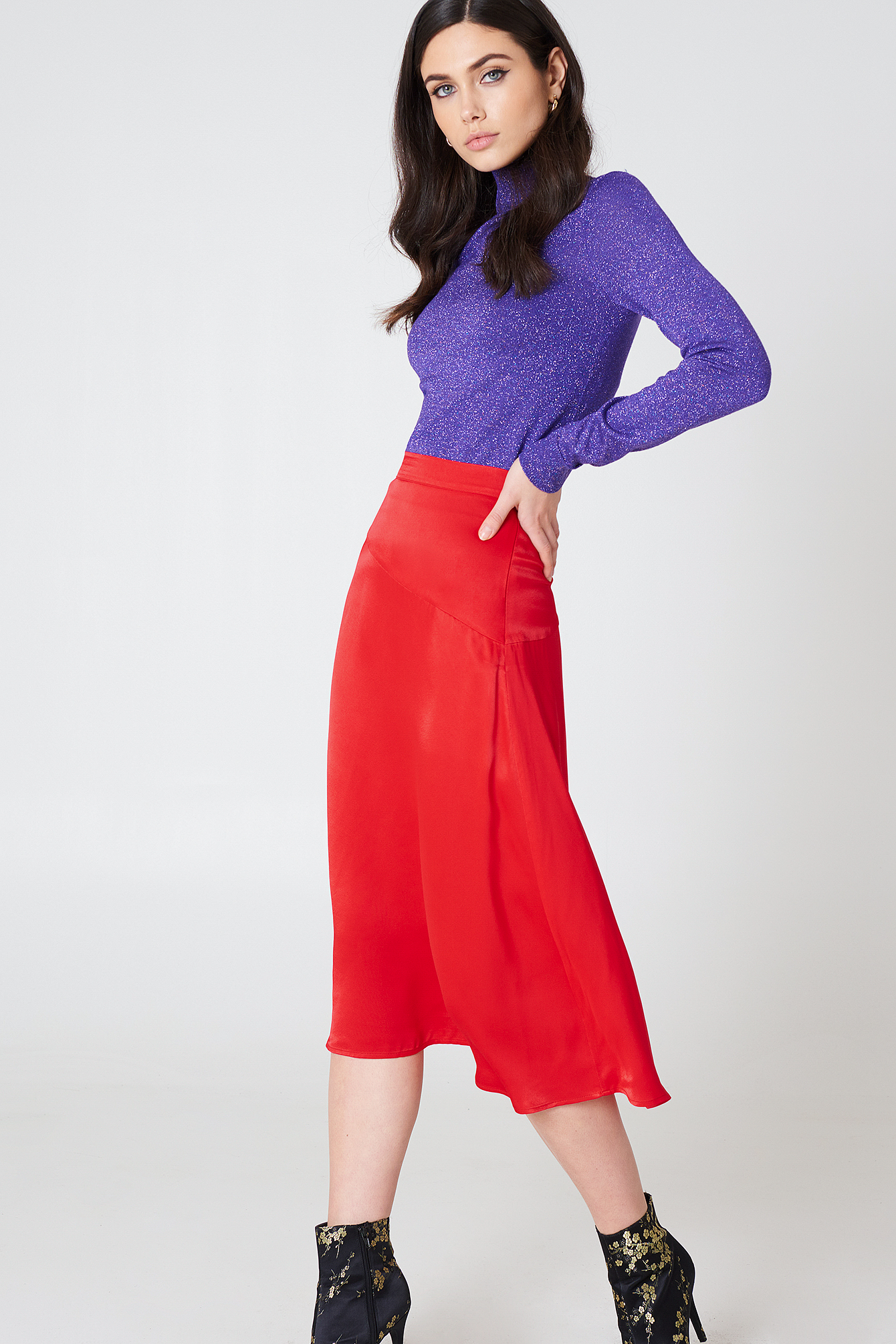 Satin Midi Skirt Red