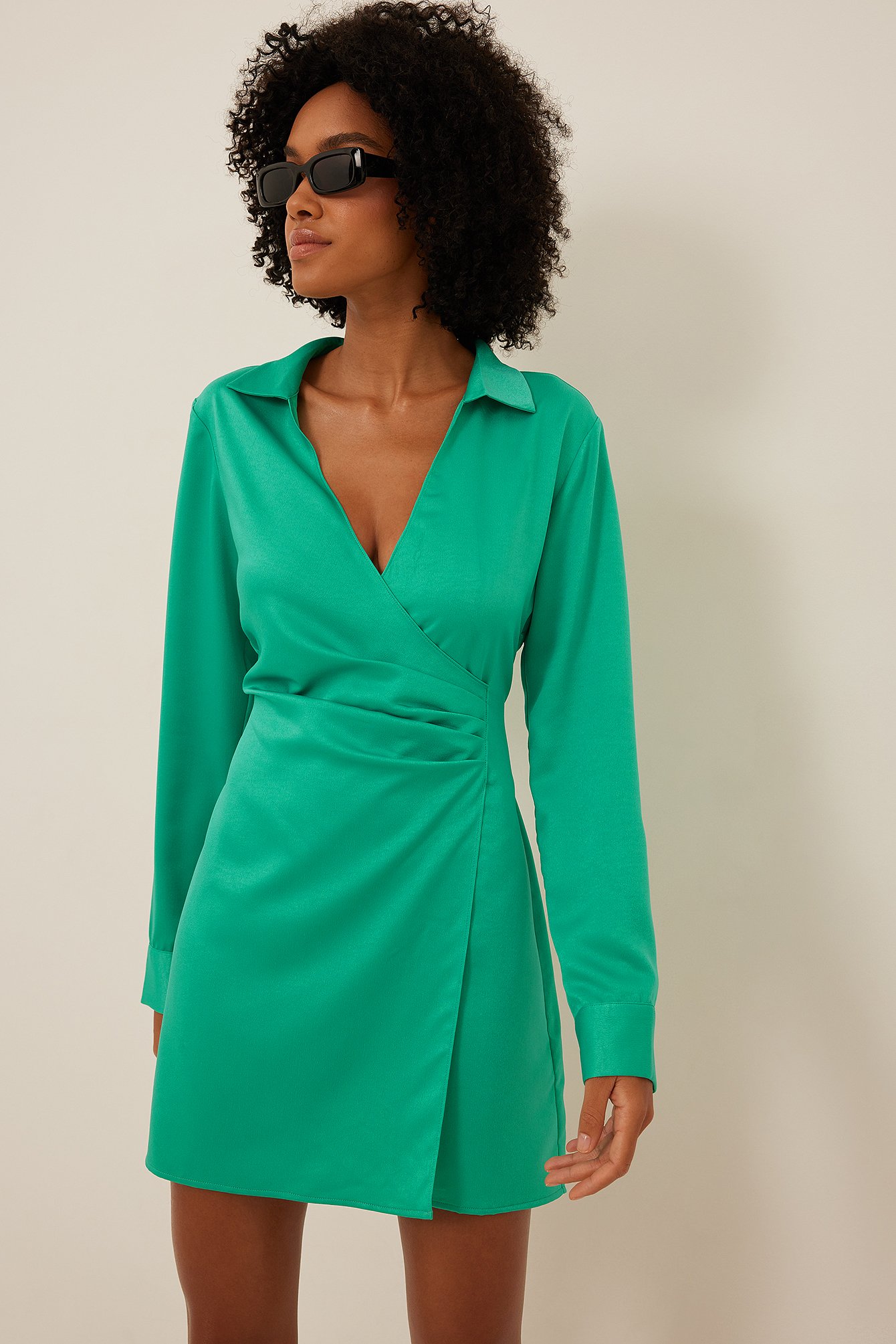 Jade Satin Overlap Pleated Detail Mini Dress