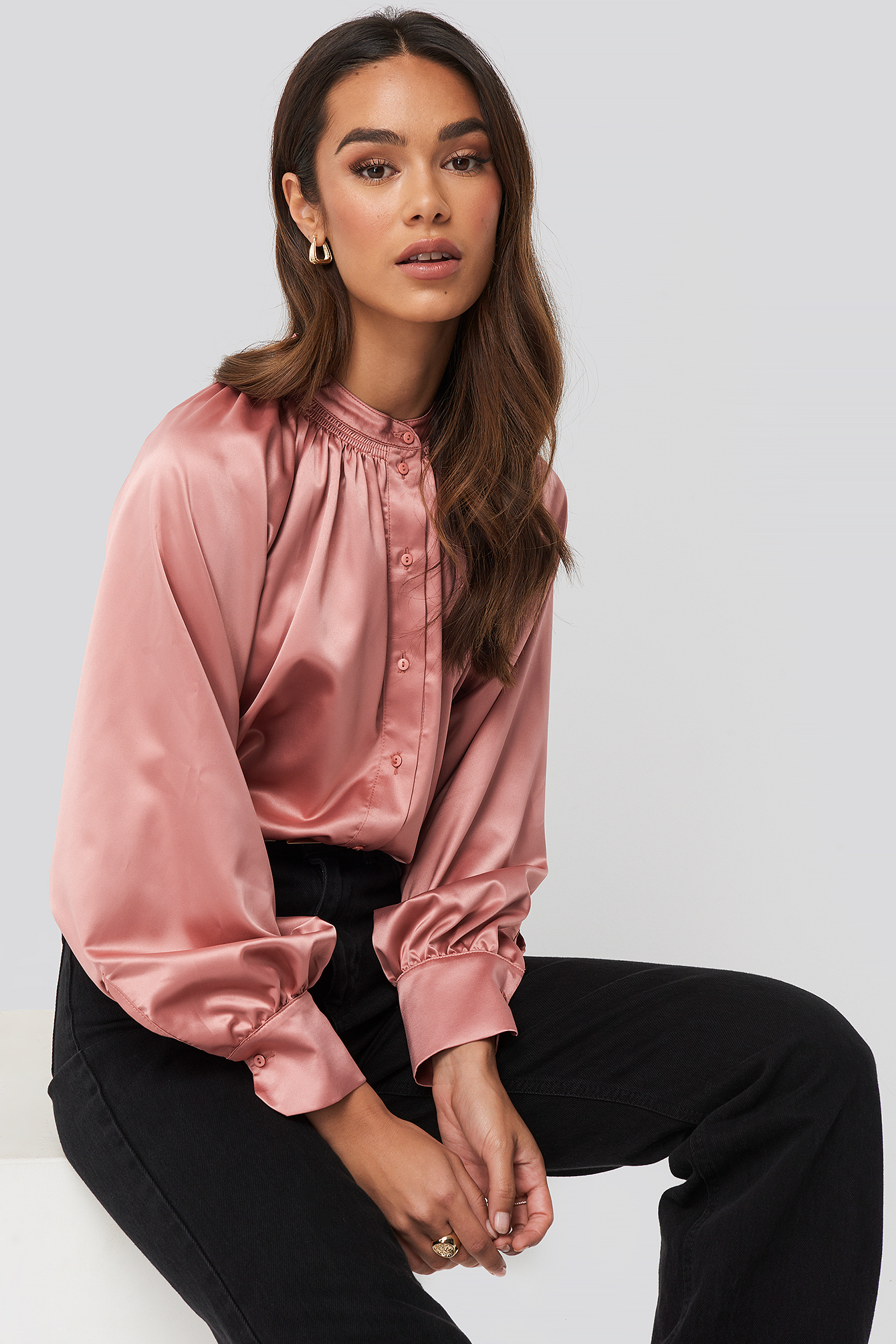Waist Smocked Solid Satin Blouse main image 0