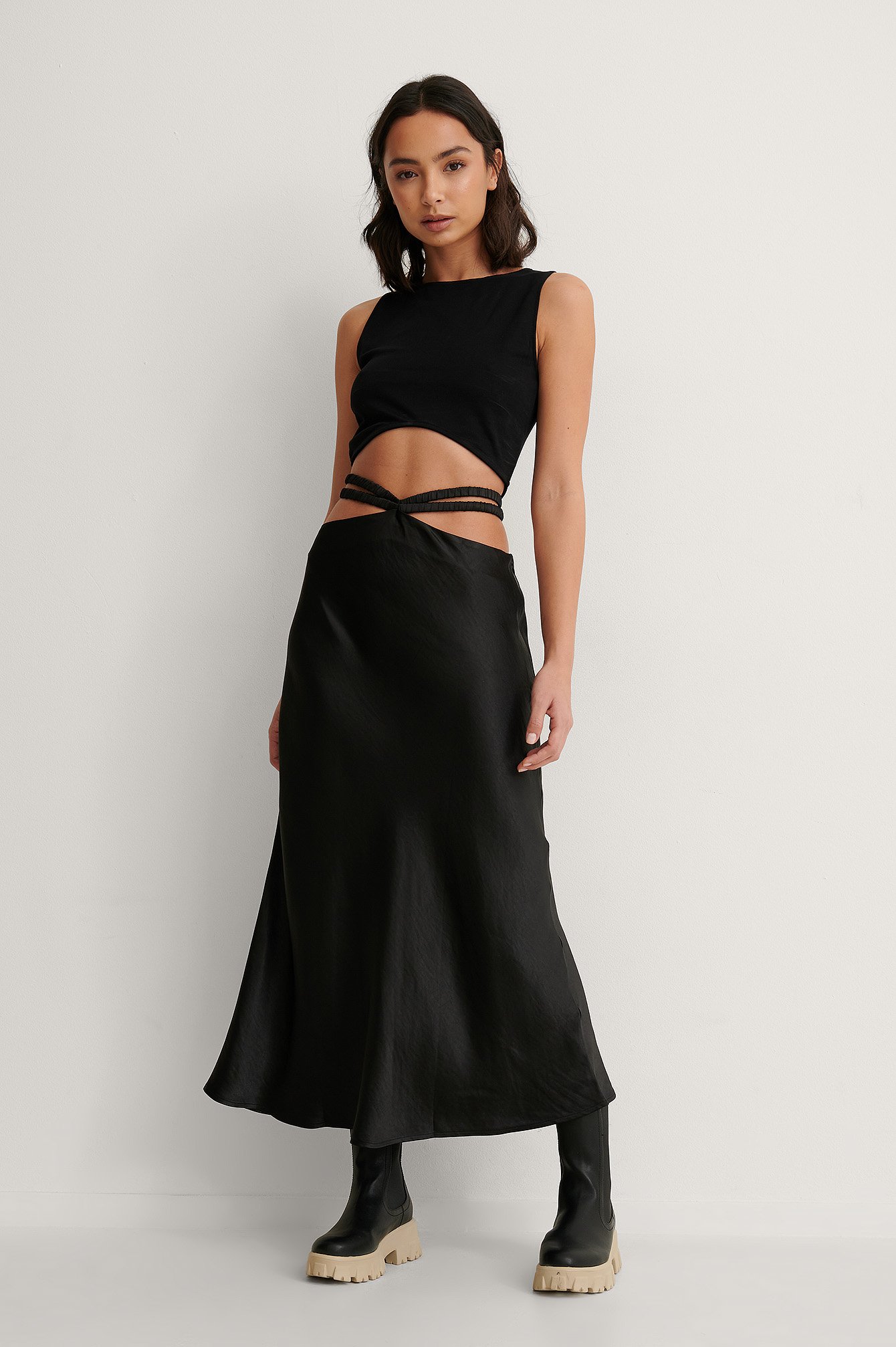 Black Satin Strap Midi Skirt