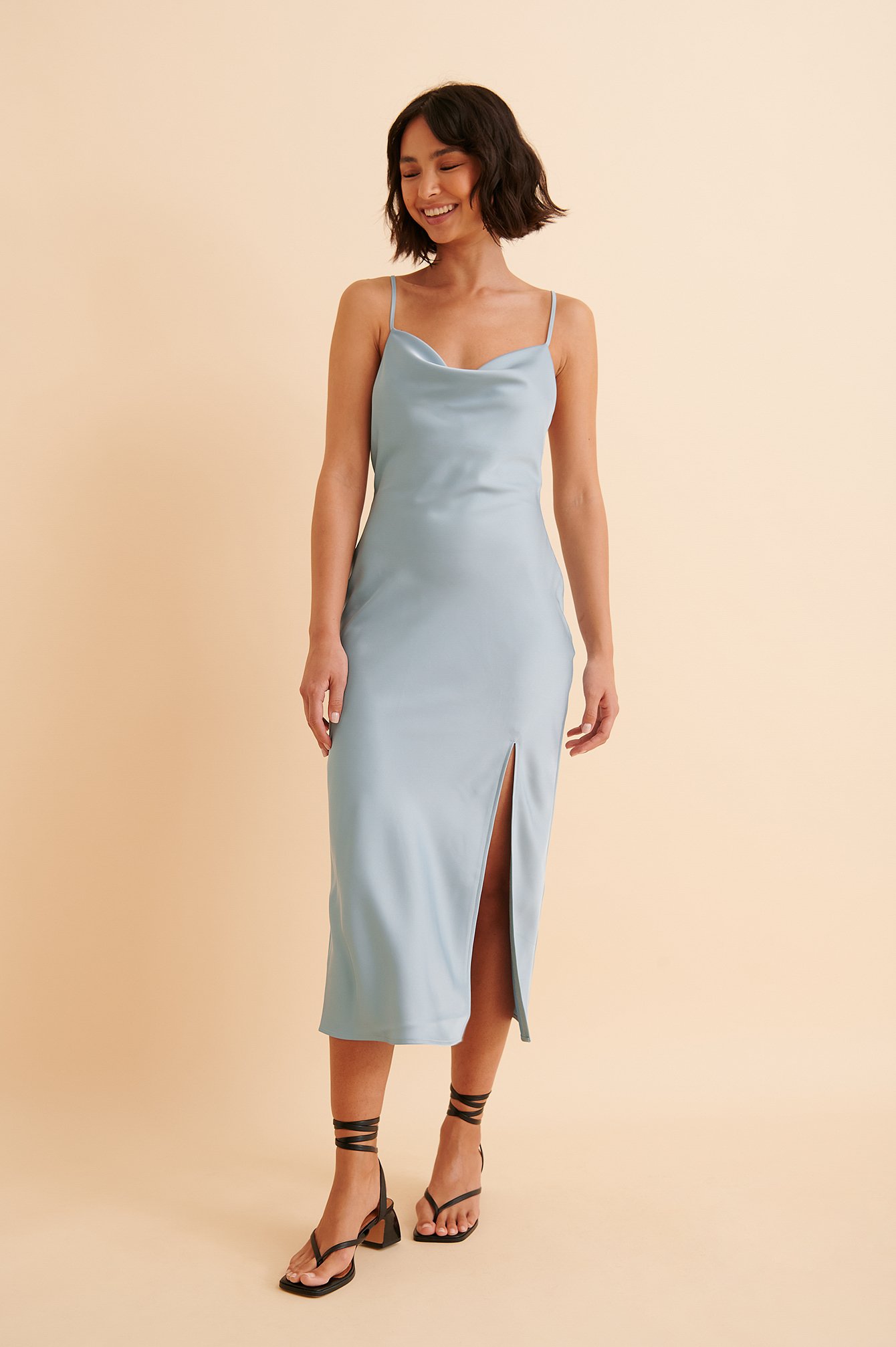 Curated Styles Satin Waterfall Slit Dress - Blue