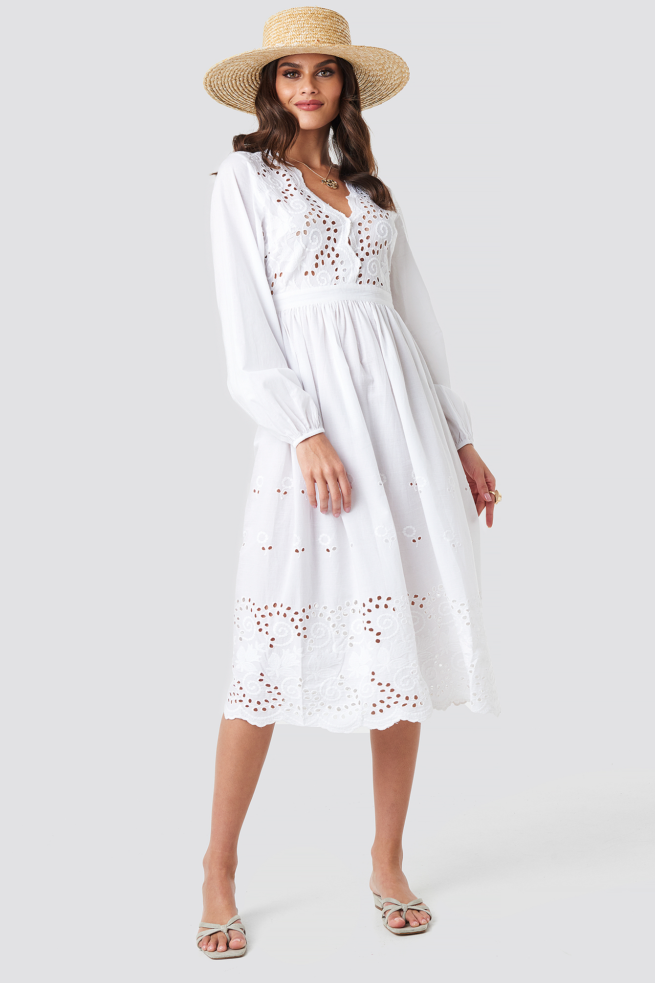 Scalloped Front Crochet Detail Dress White