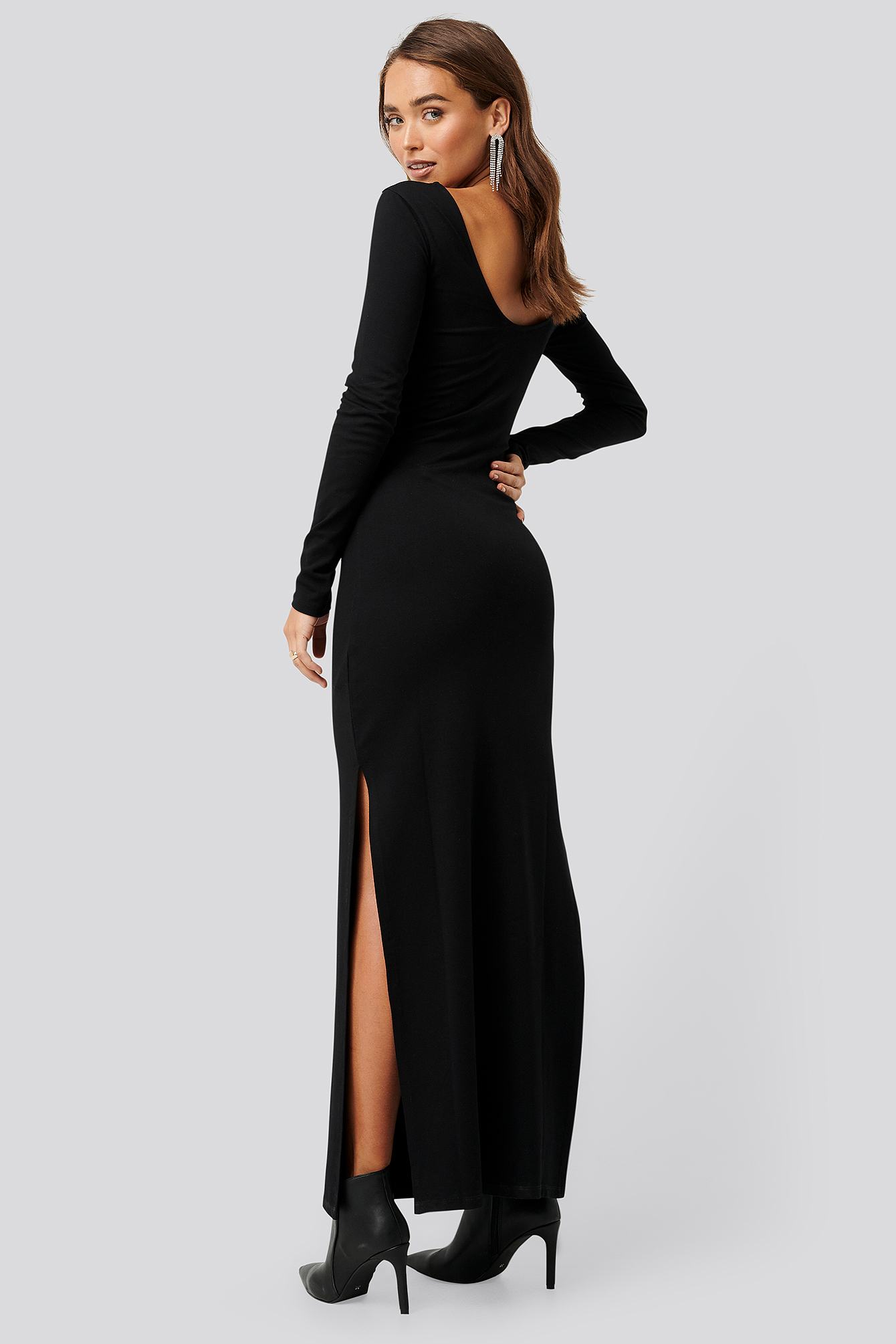 Scoop Back Long Sleeve Maxi Dress Black