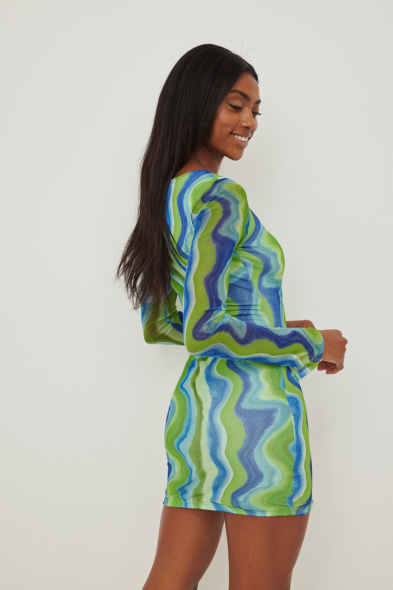Blue/Green Swirl Scoop Neck Mini Dress