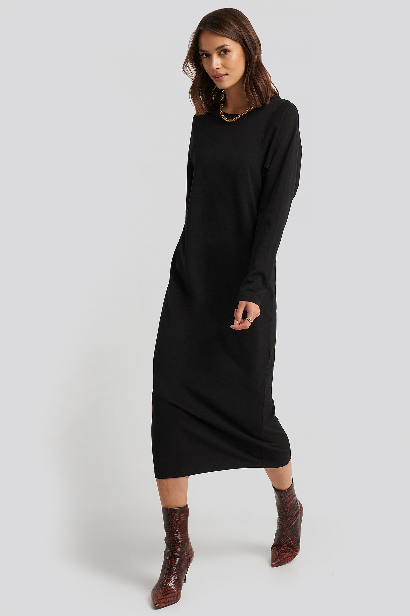 Seam Detail Long Sleeve T-shirt Dress Black