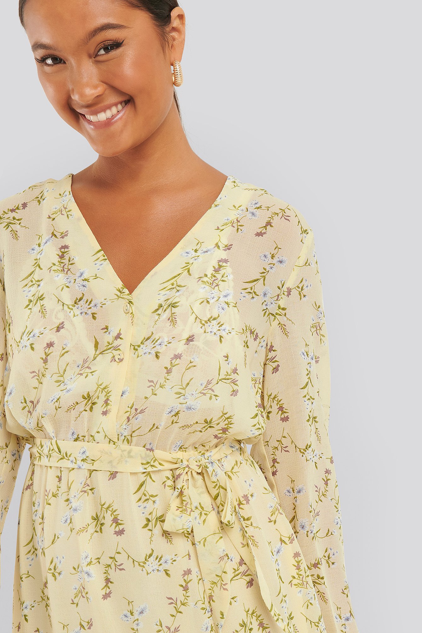 Yellow Flower Self-Tie Printed Midi Dress