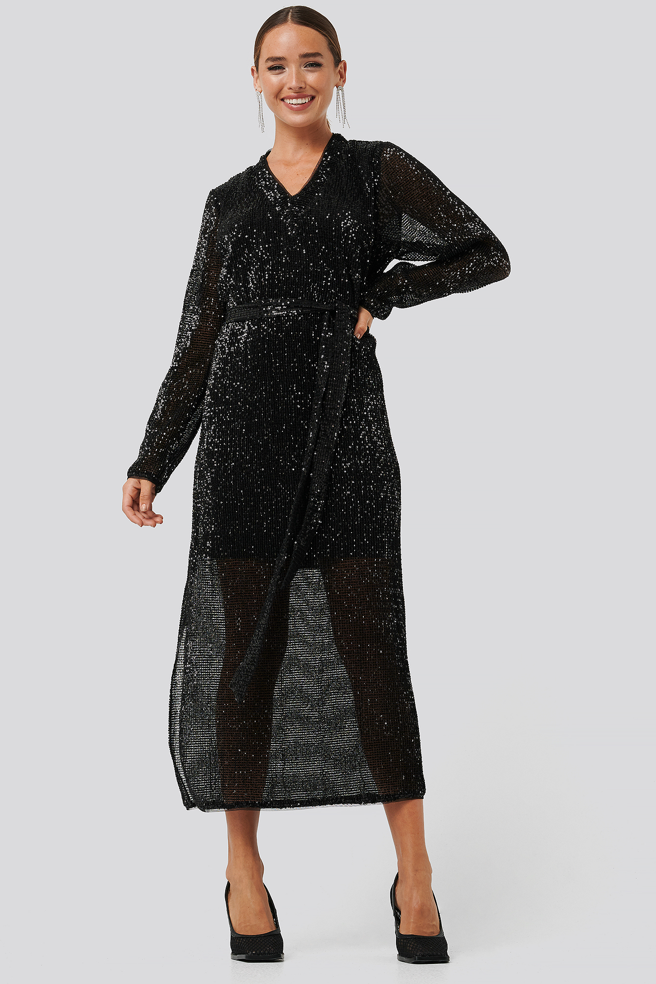 Sequin V-Neck Tie Waist Dress Black