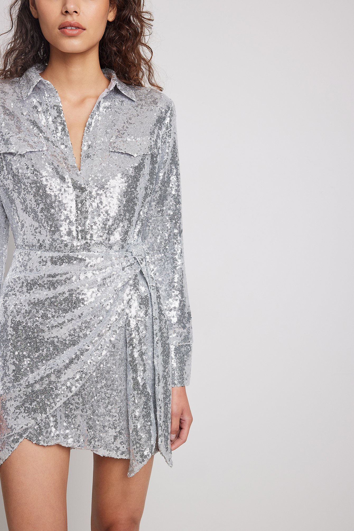 Silver Sequin Wrap Shirt Mini Dress
