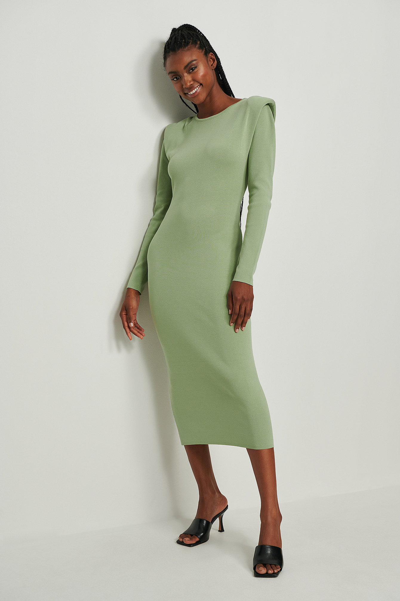 Light Green Sharp Shoulder Open Back knitted Dress