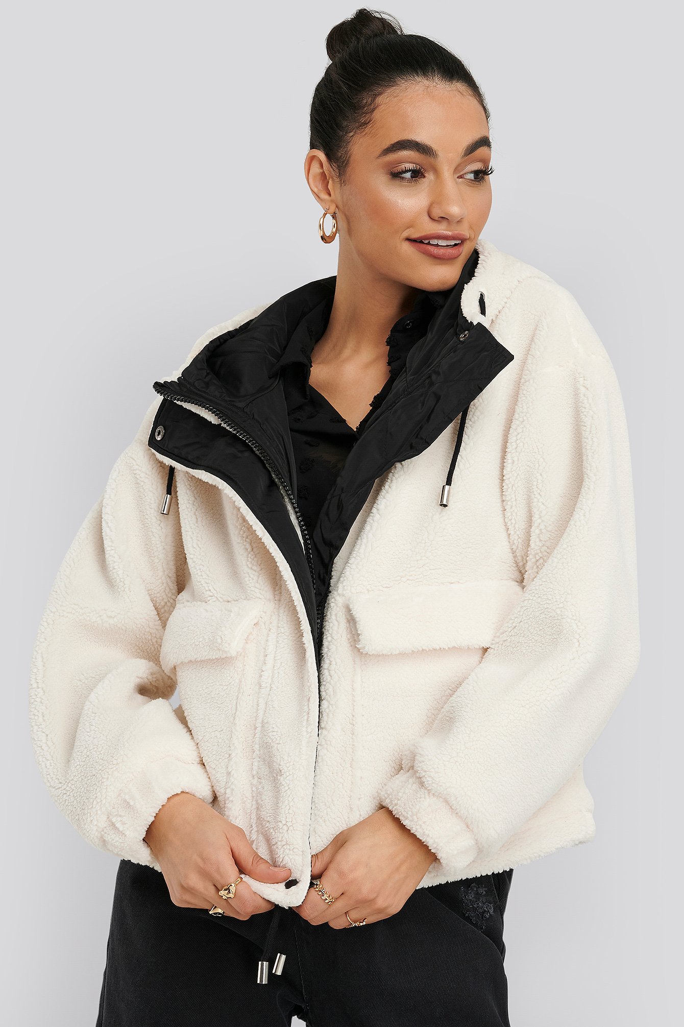 White NA-KD Trend Shearling Hooded Jacket
