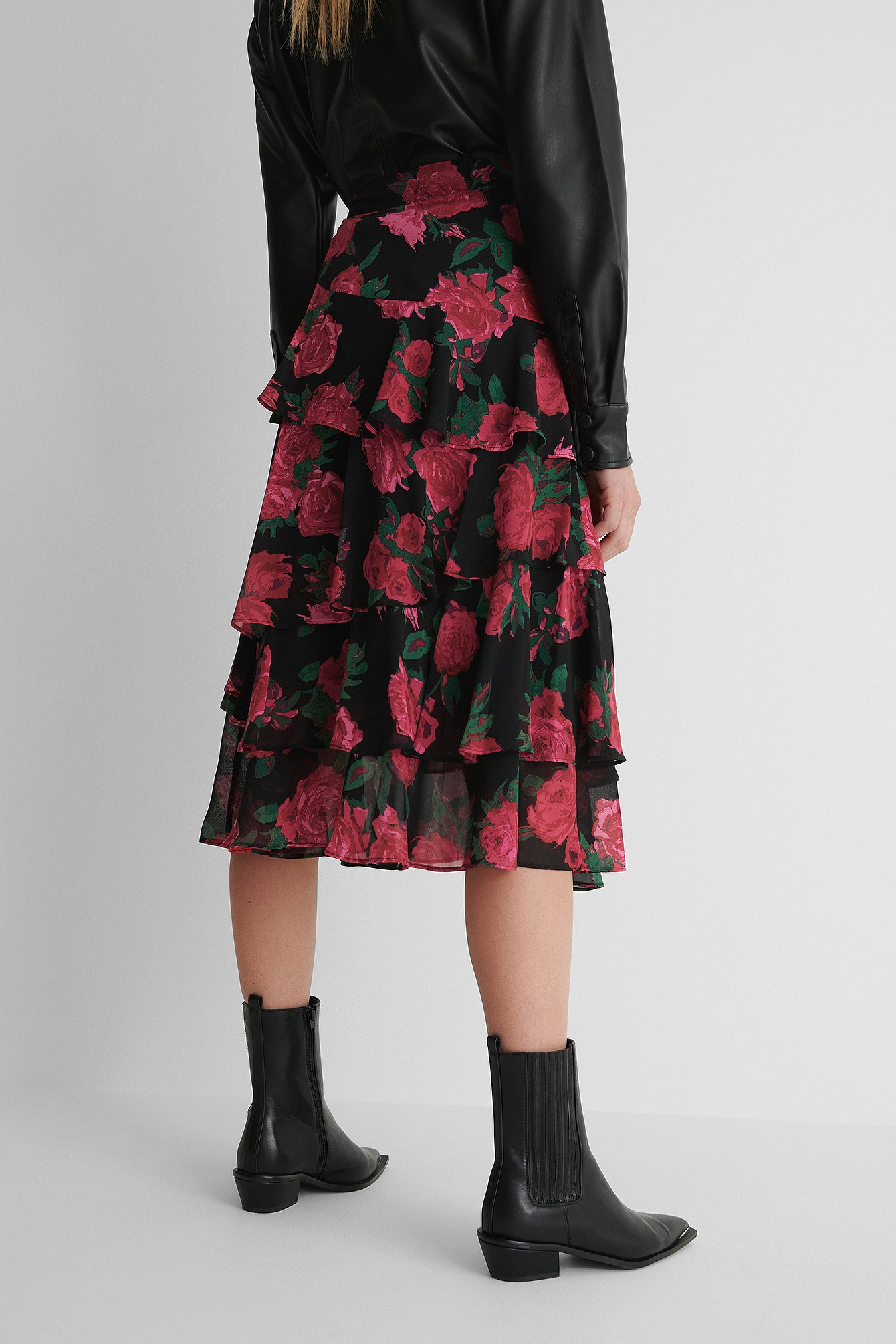Rose Print Sheer Frill Midi Skirt