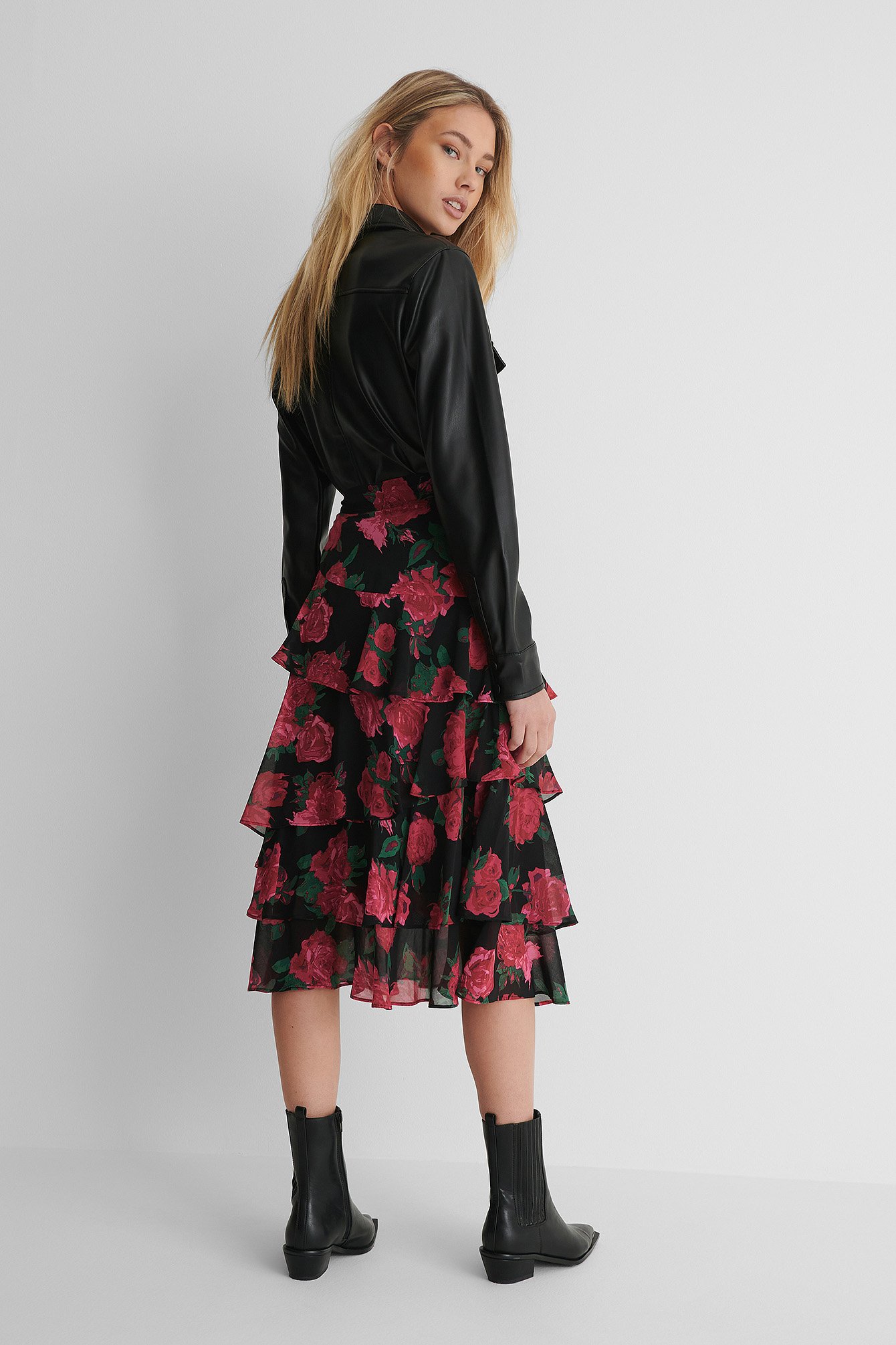 Rose Print Sheer Frill Midi Skirt