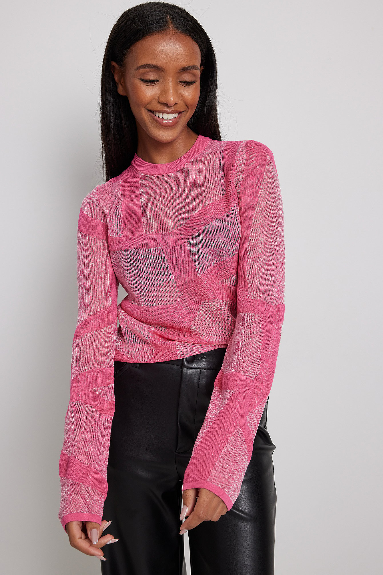 Sheer Knitted Long Sleeve Top Pink