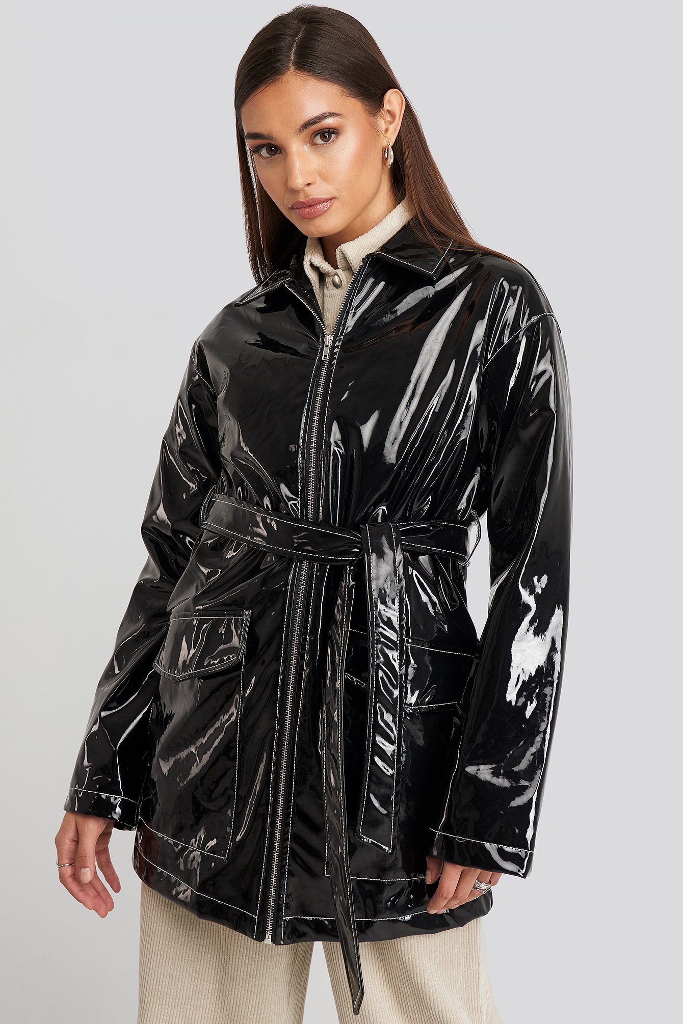 Shiny Contrast Seam Pu Jacket Black