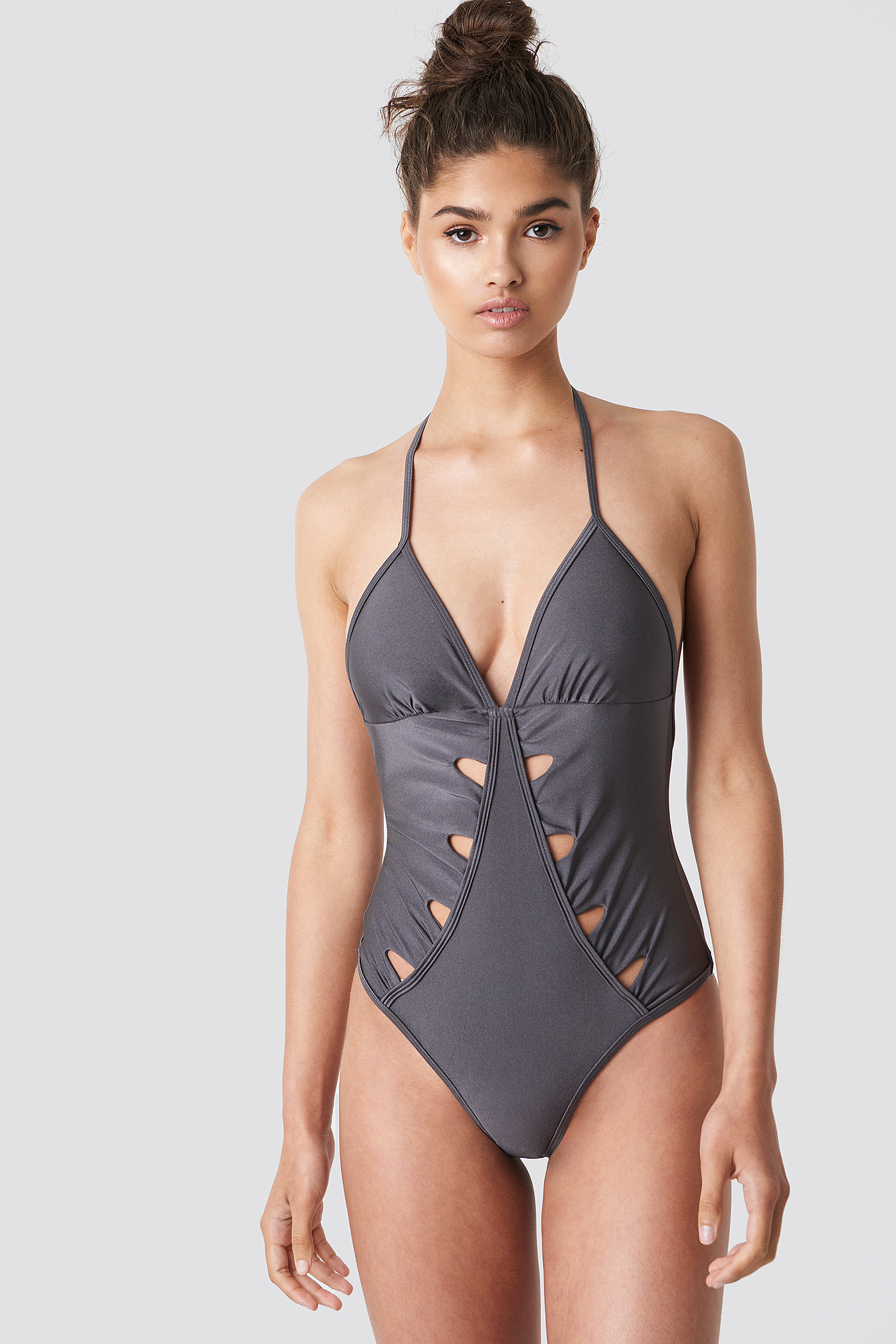 Shiny Cut Out Halterneck Swimsuit Dusty Blue Grey