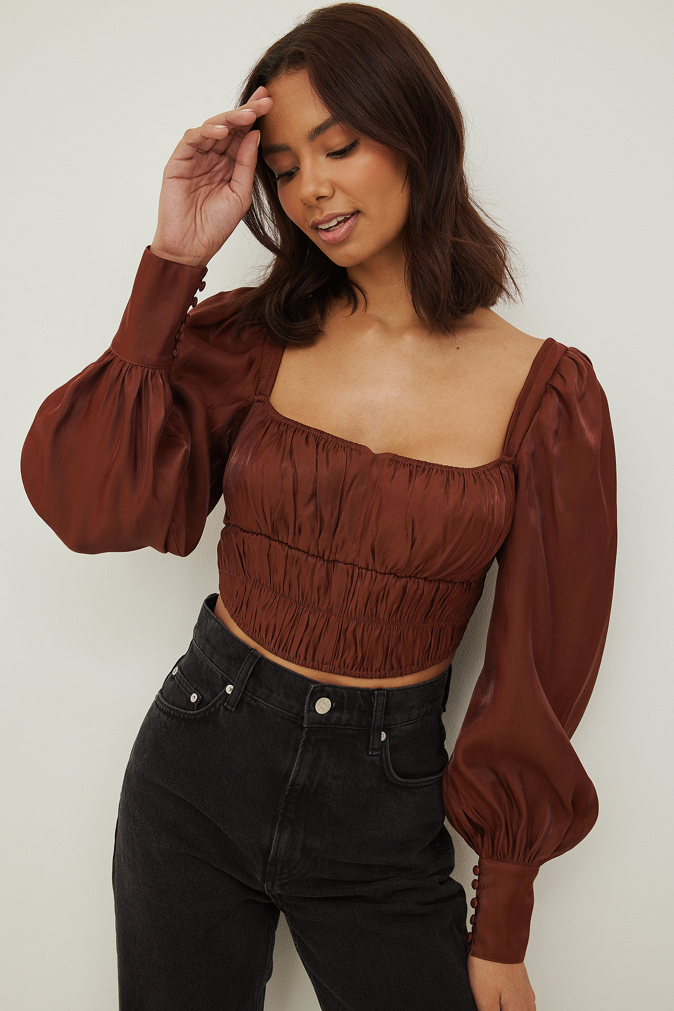 Shiny Gathered Blouse Brown | na-kd.com