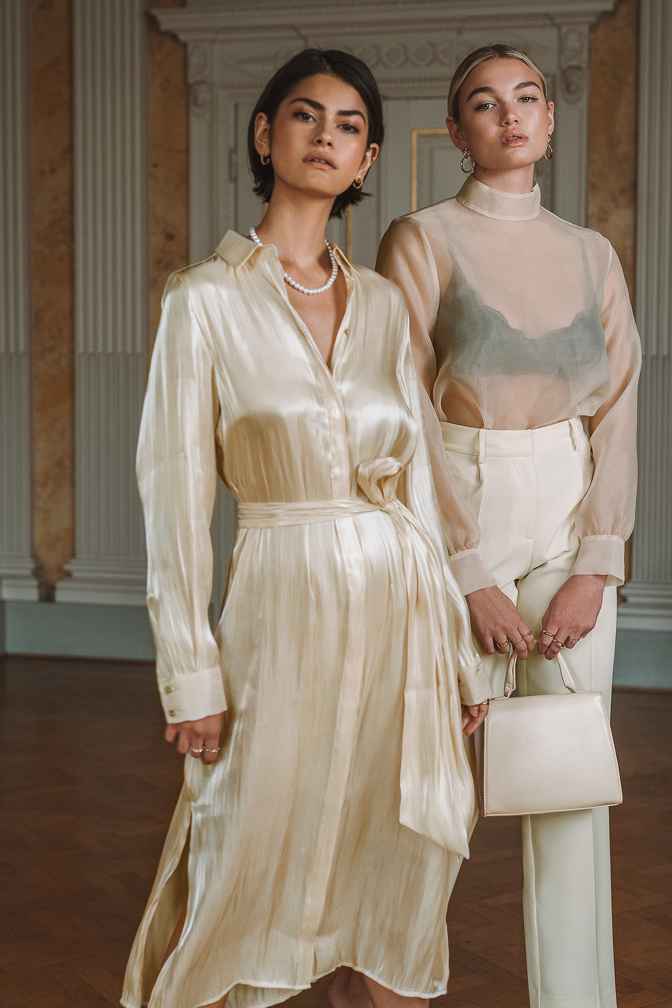 Shiny Long Shirt Dress Pearl