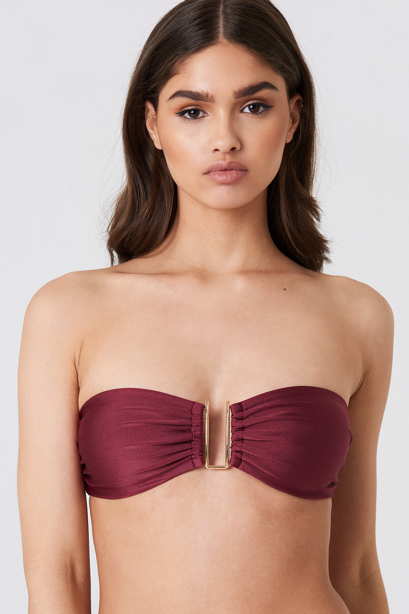 Shiny Metal Detail Bandeau Bikini Burgundy