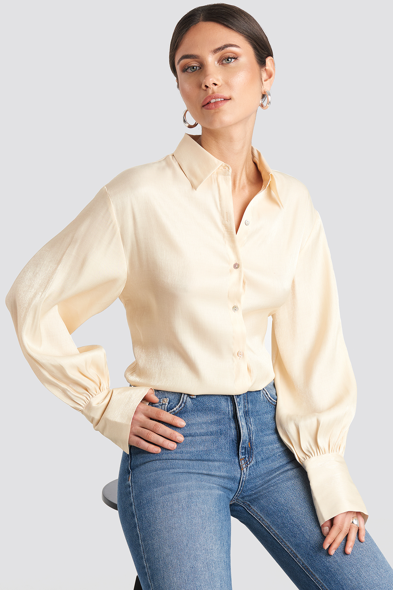 Shiny Puff Sleeve Blouse Pearl