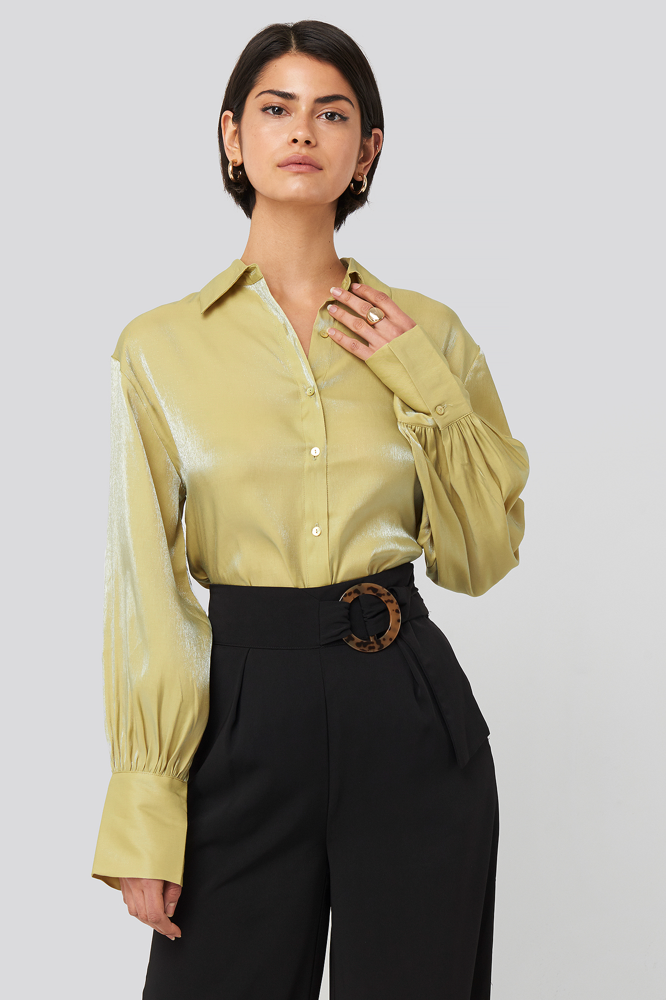 Shiny Puff Sleeve Blouse Pistachio