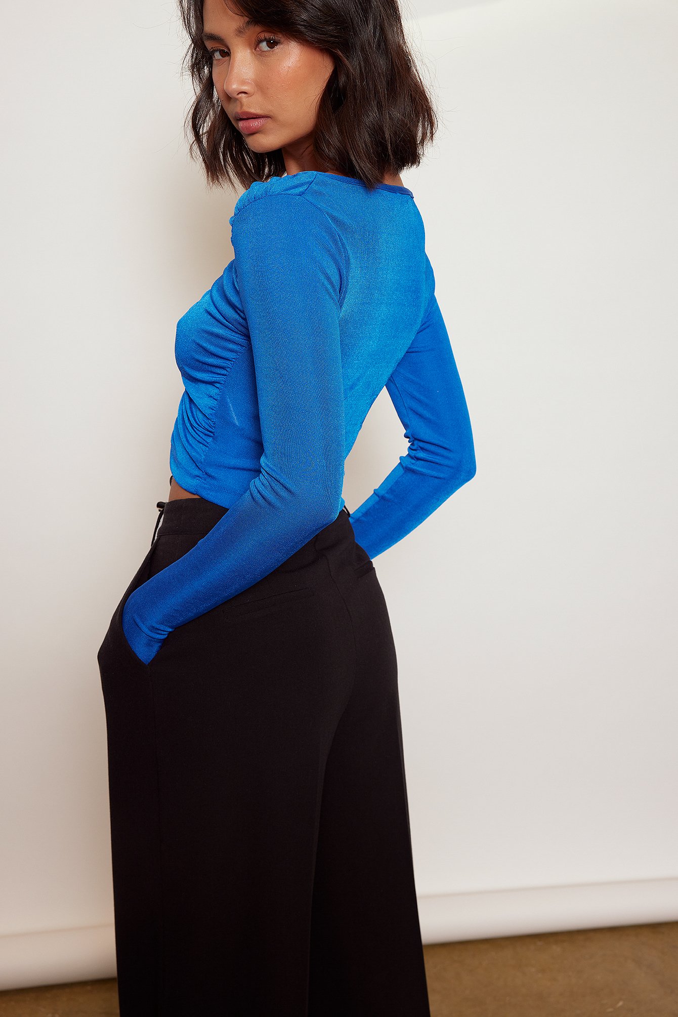 Blue Shiny Rouched Closure Top