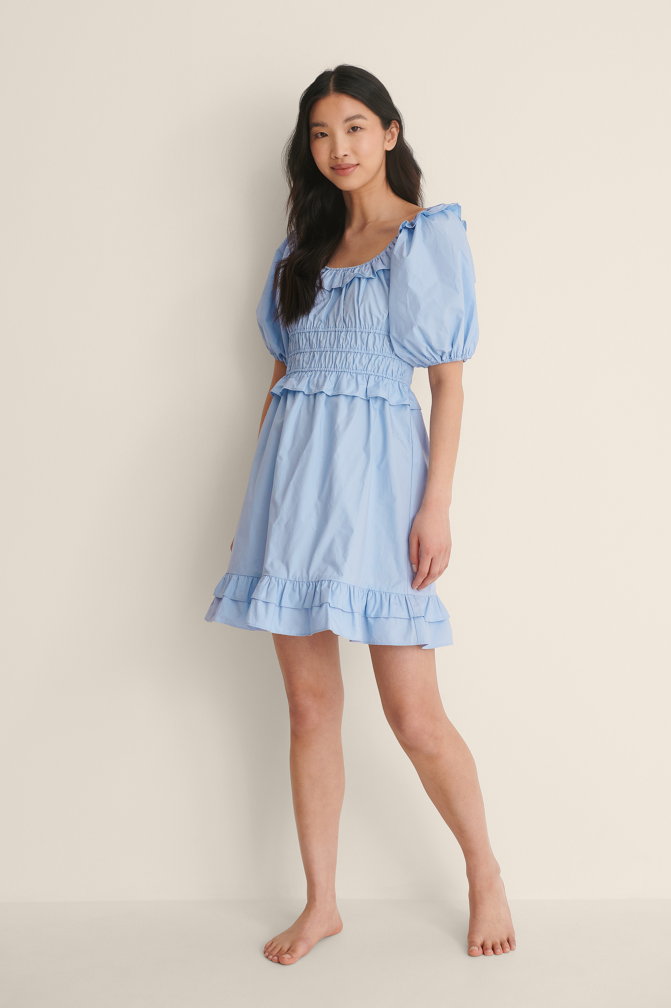 Blue Shirred Cotton Mini Dress