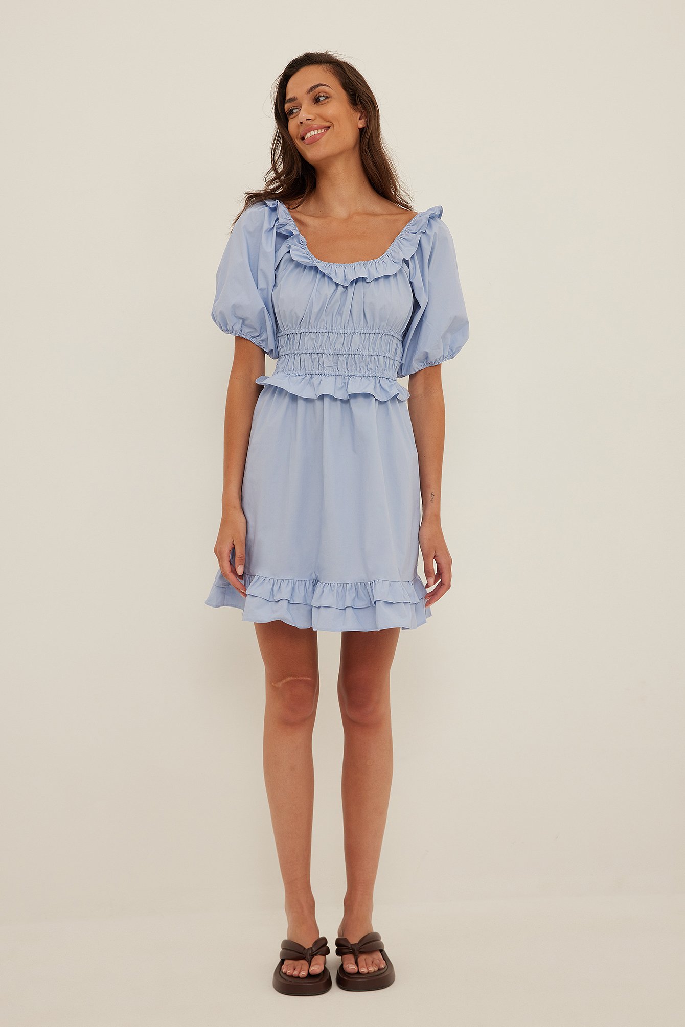 Blue Organic Shirred Cotton Mini Dress