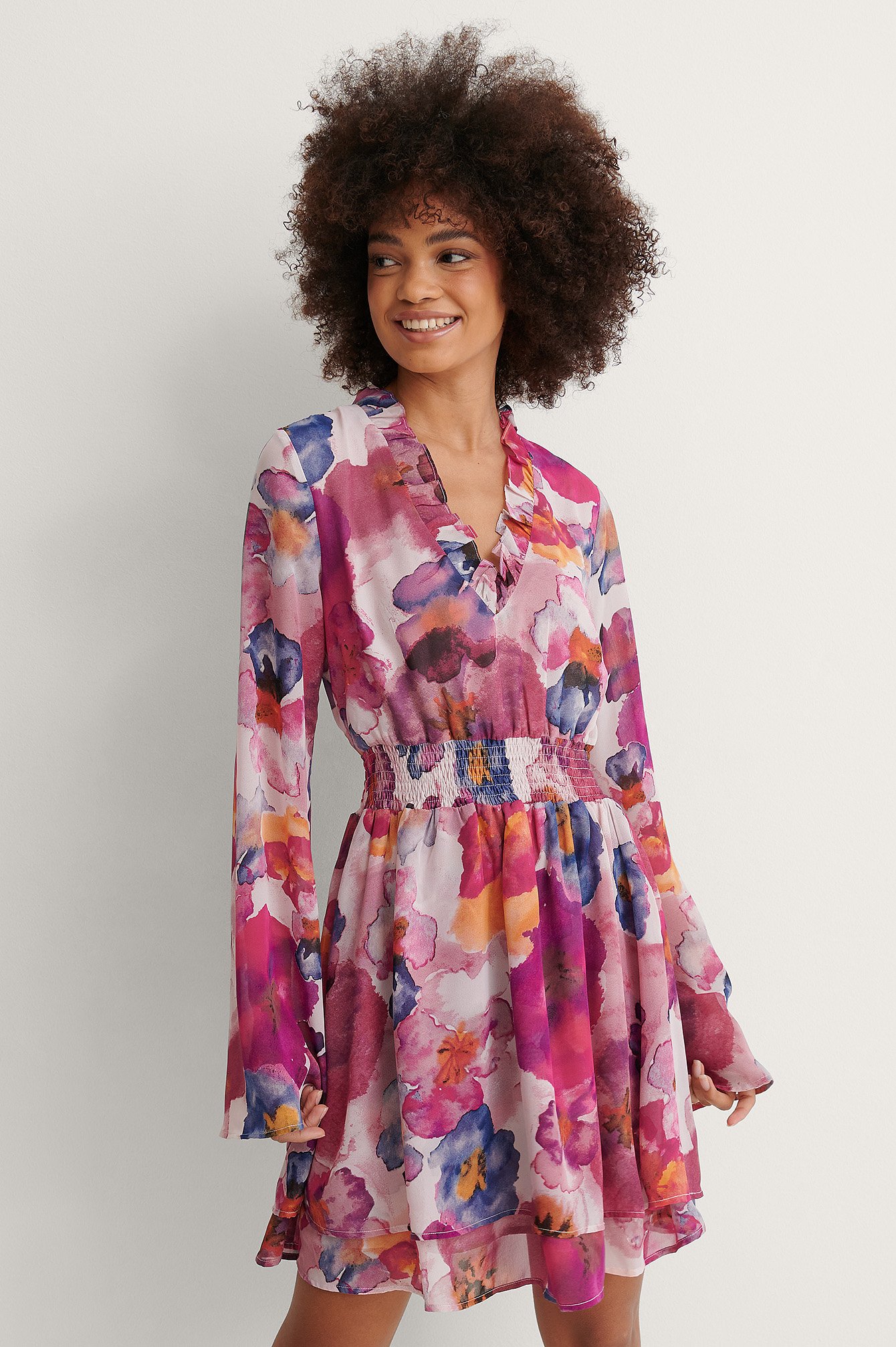 Multi Floral Print Shirred Detail Dress