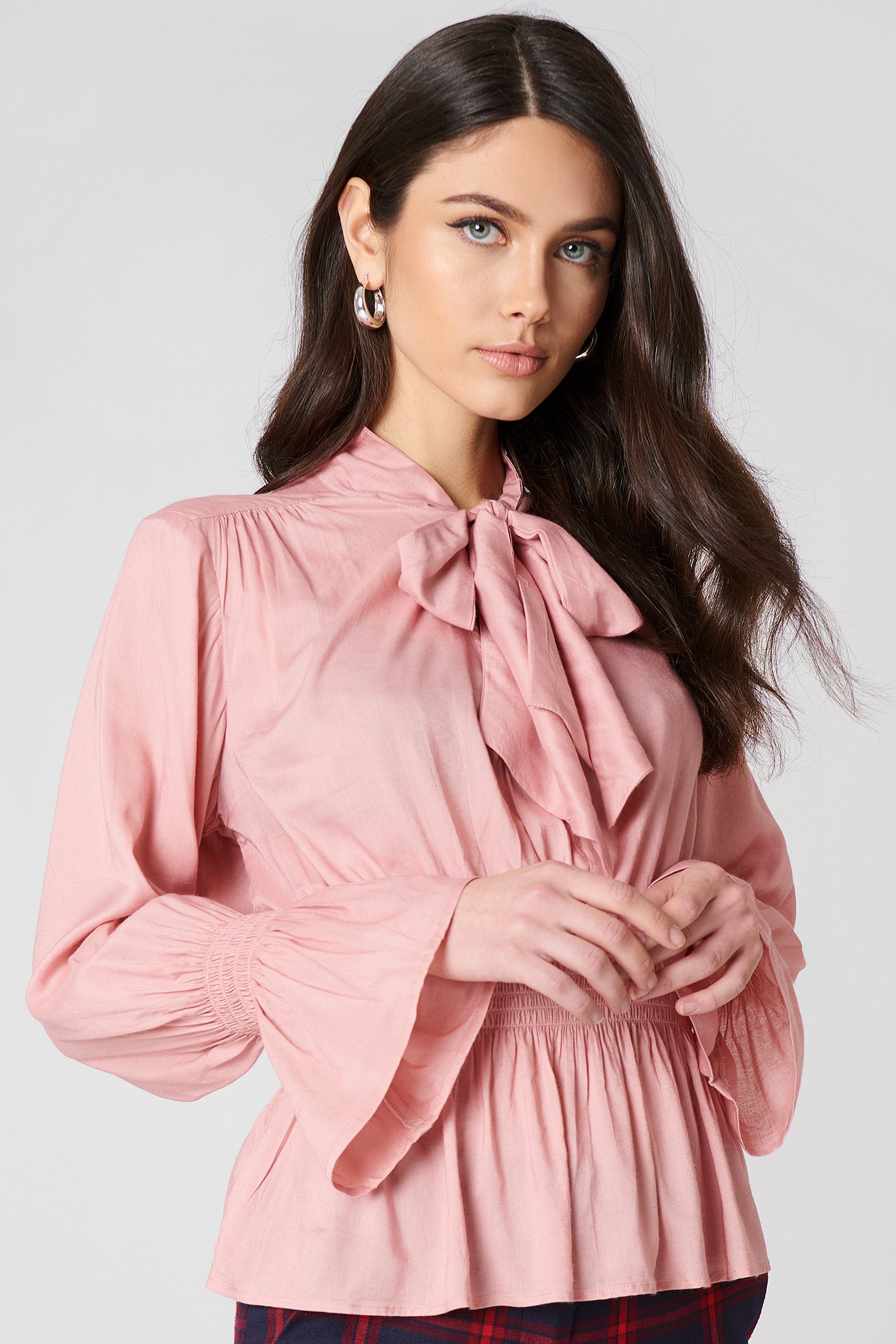 Dusty Pink NA-KD Boho Shirred Detail Tie Neck Blouse