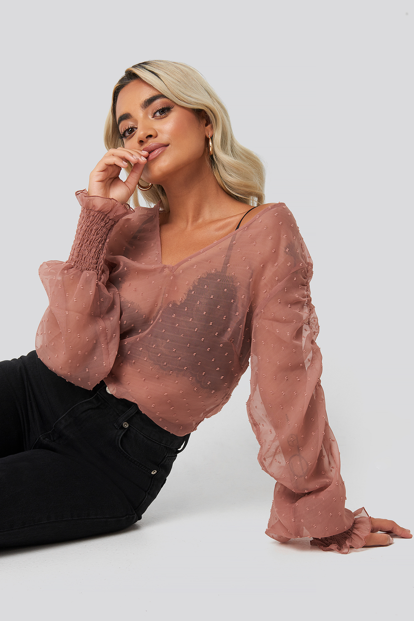 Shirred Dobby Blouse Dark Dusty Pink