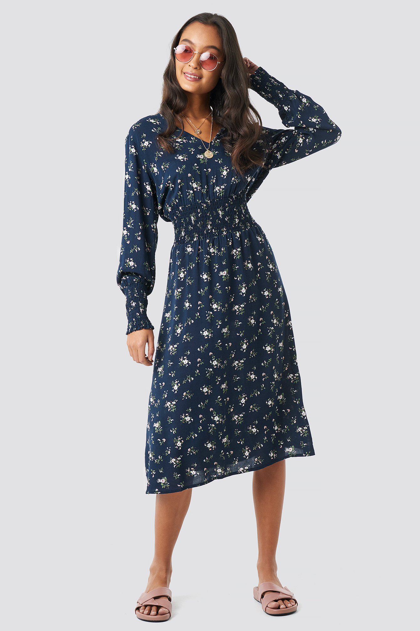 Shirred Flower Printed Dress Dark Blue