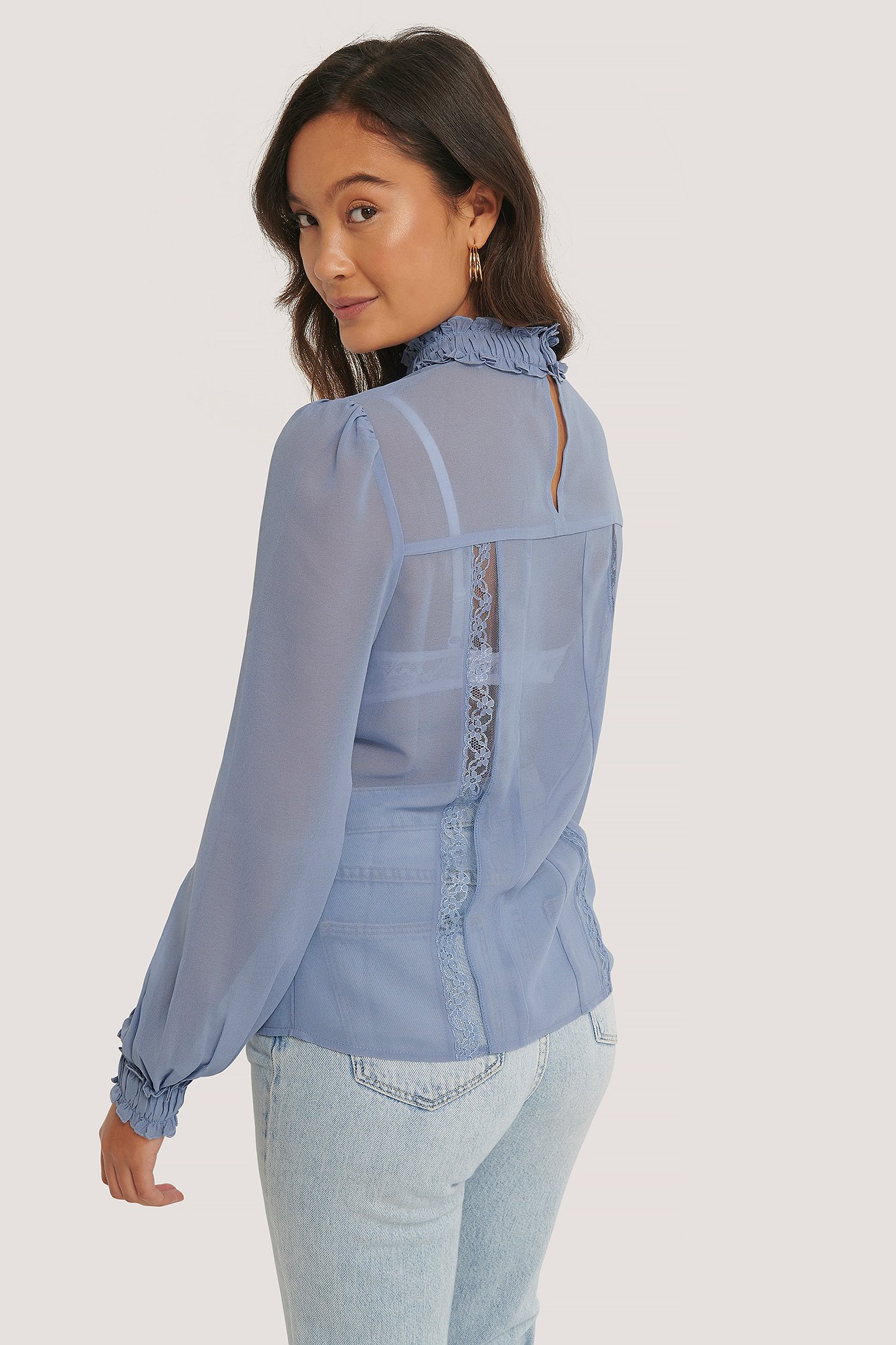 Dusty Blue Shirred Frill Detail Blouse