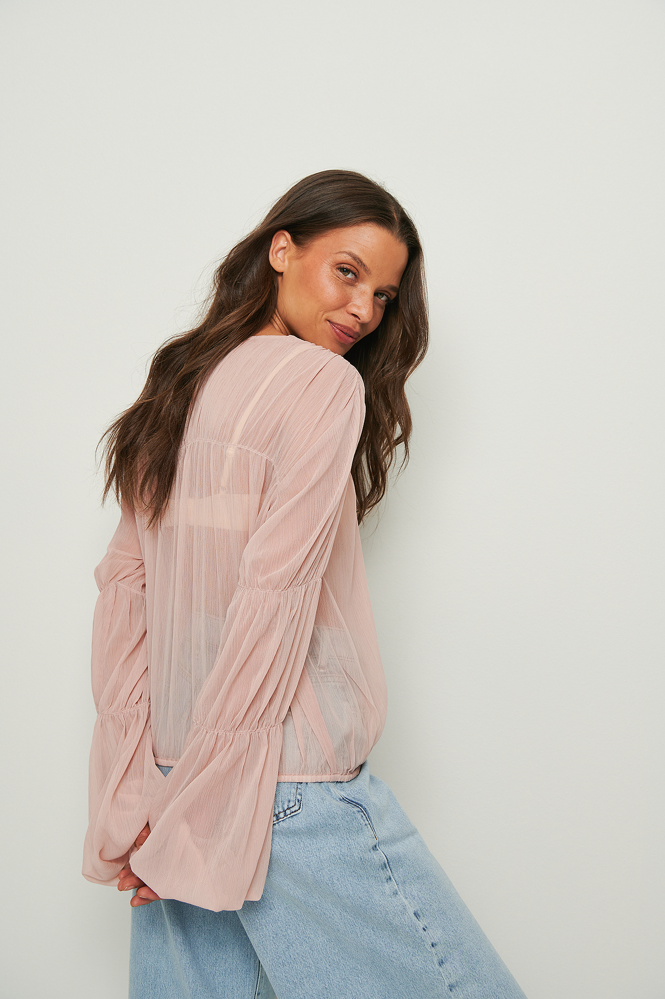 Light Dusty Pink Shirred Long Sleeve Blouse
