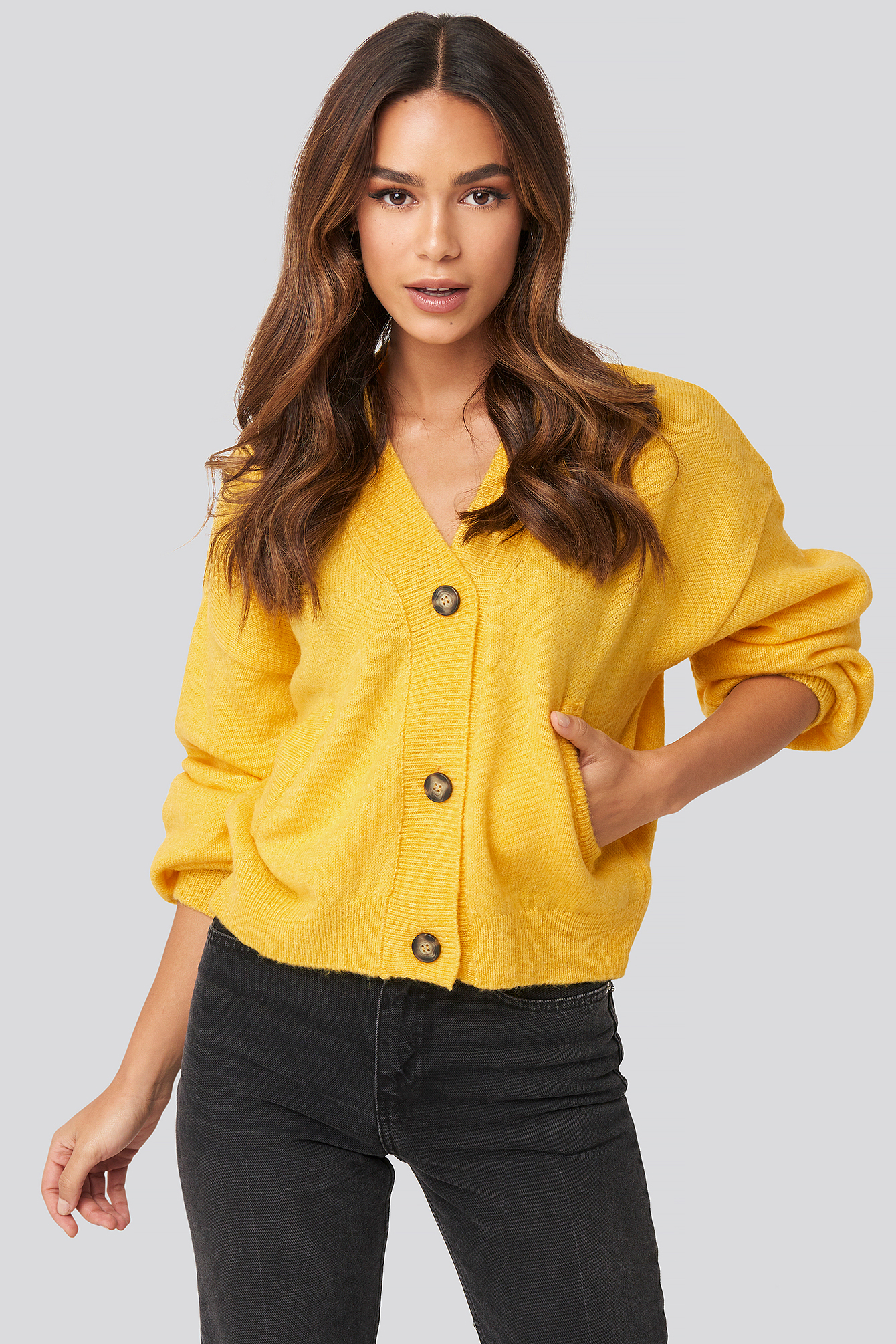 Short Button Front Cardigan Yellow