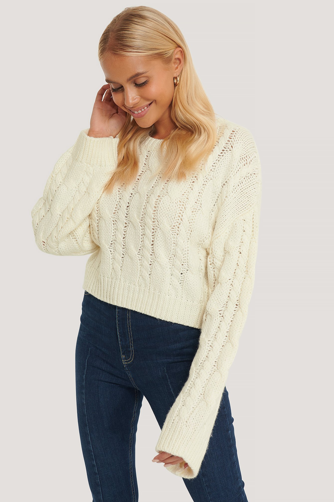 White Short Cable Knit Sweater