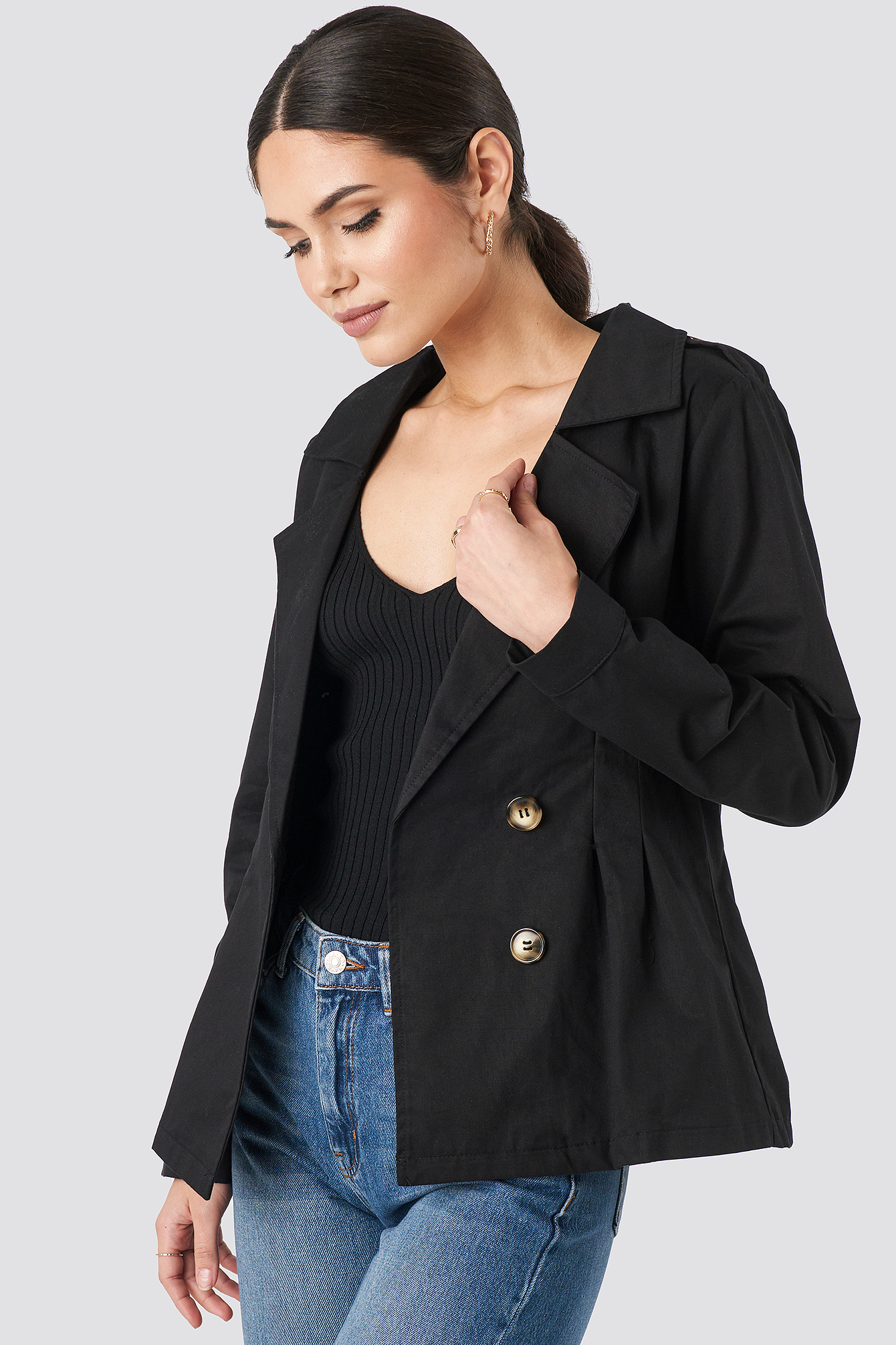 Short Marked Waist Trench Coat Black