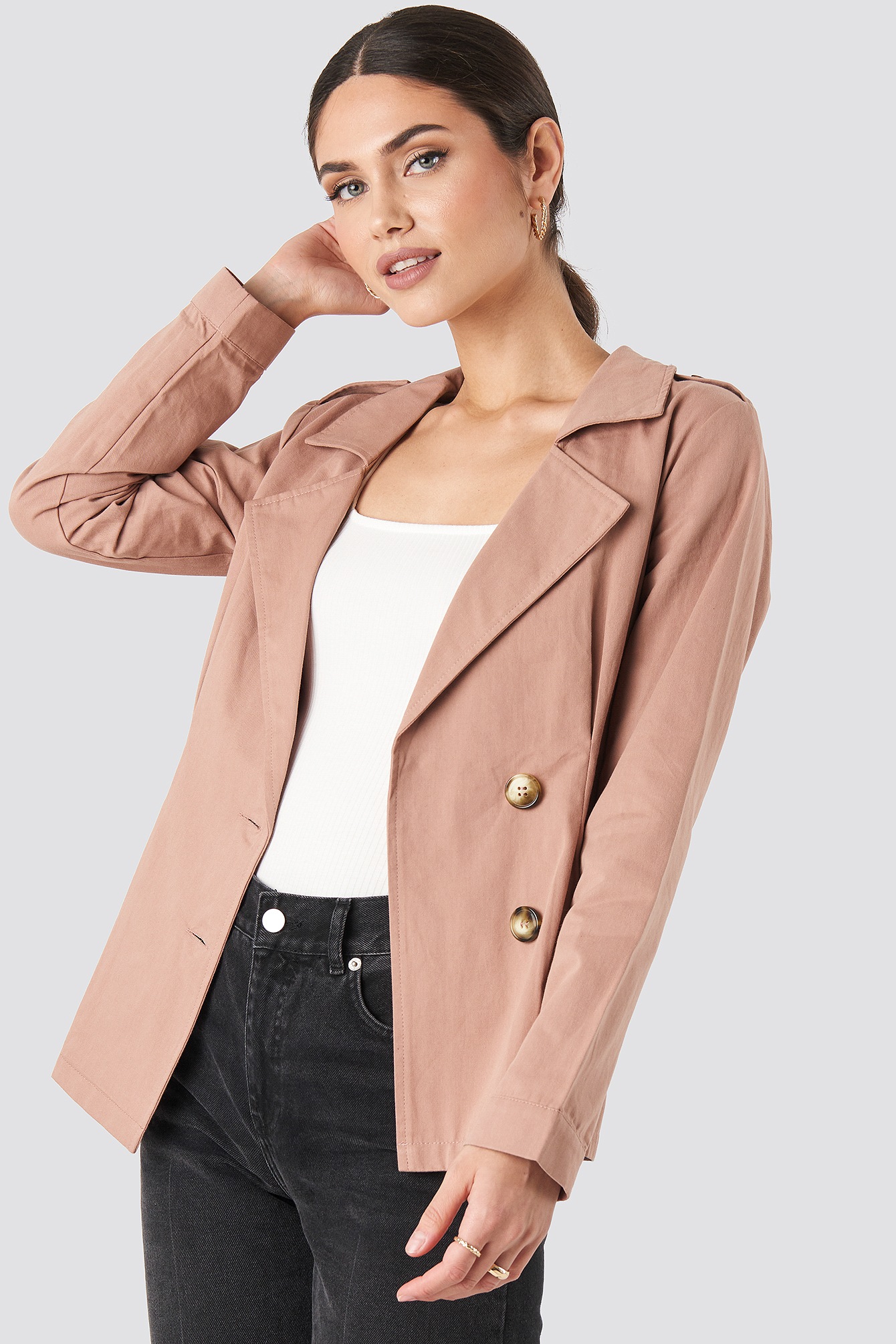 Short Marked Waist Trench Coat Dusty Pink