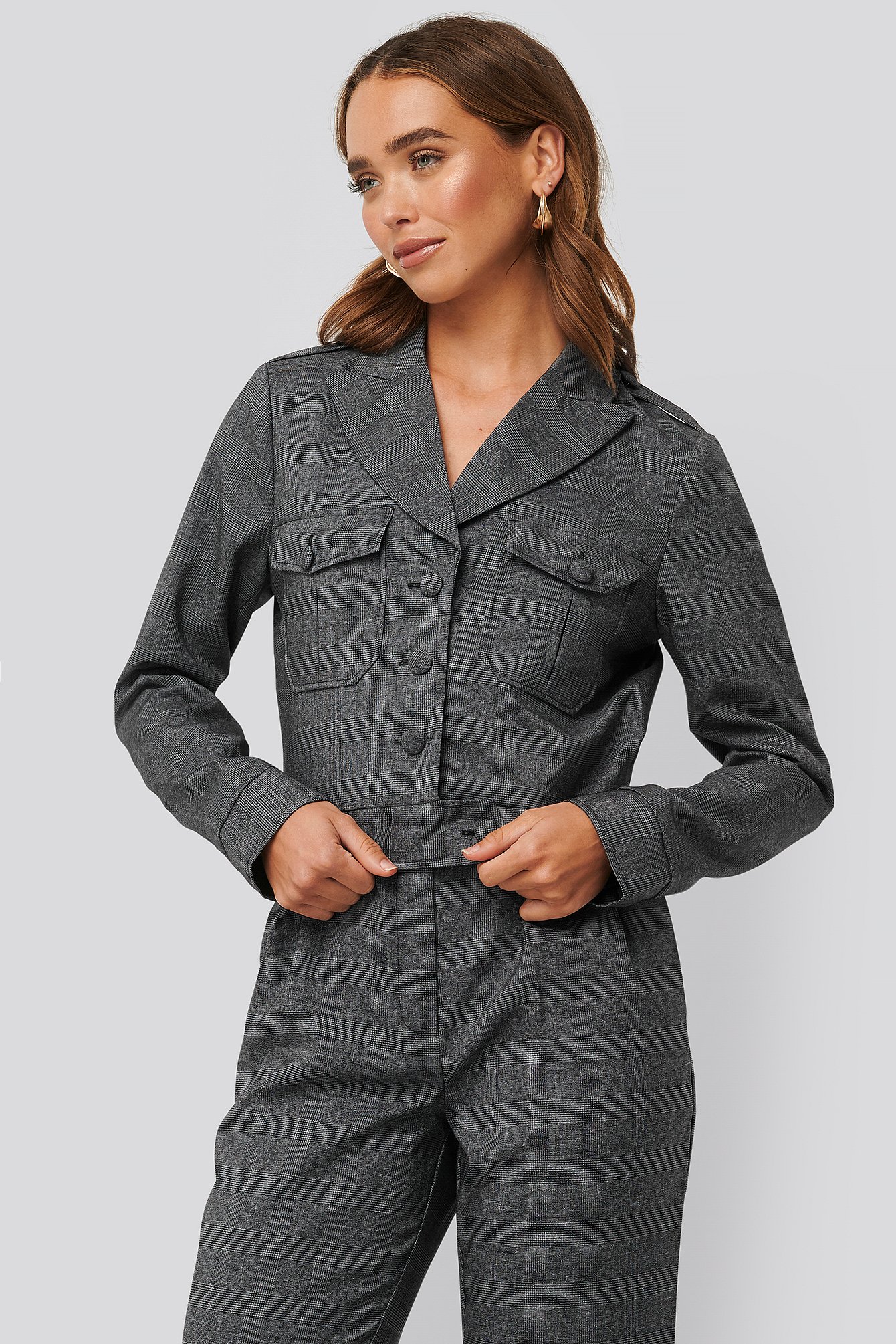 Dark Grey Check Short Plaid Buttoned Jacket