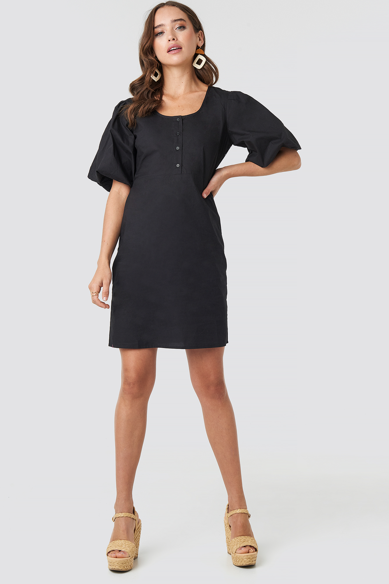 Short Puff Sleeve Button Up Dress Black NAKD