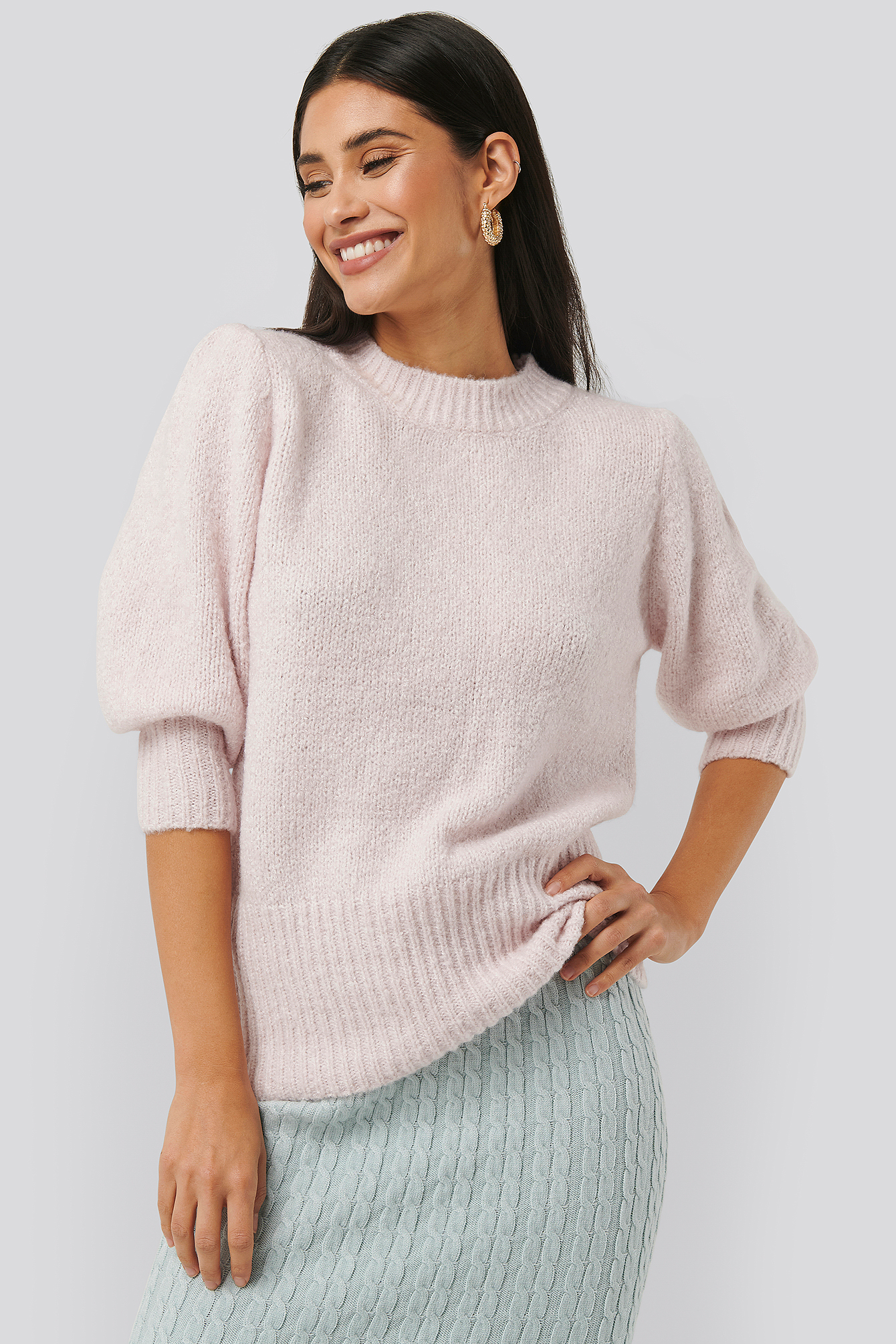 Short Puff Sleeve Knitted Sweater Light Pink