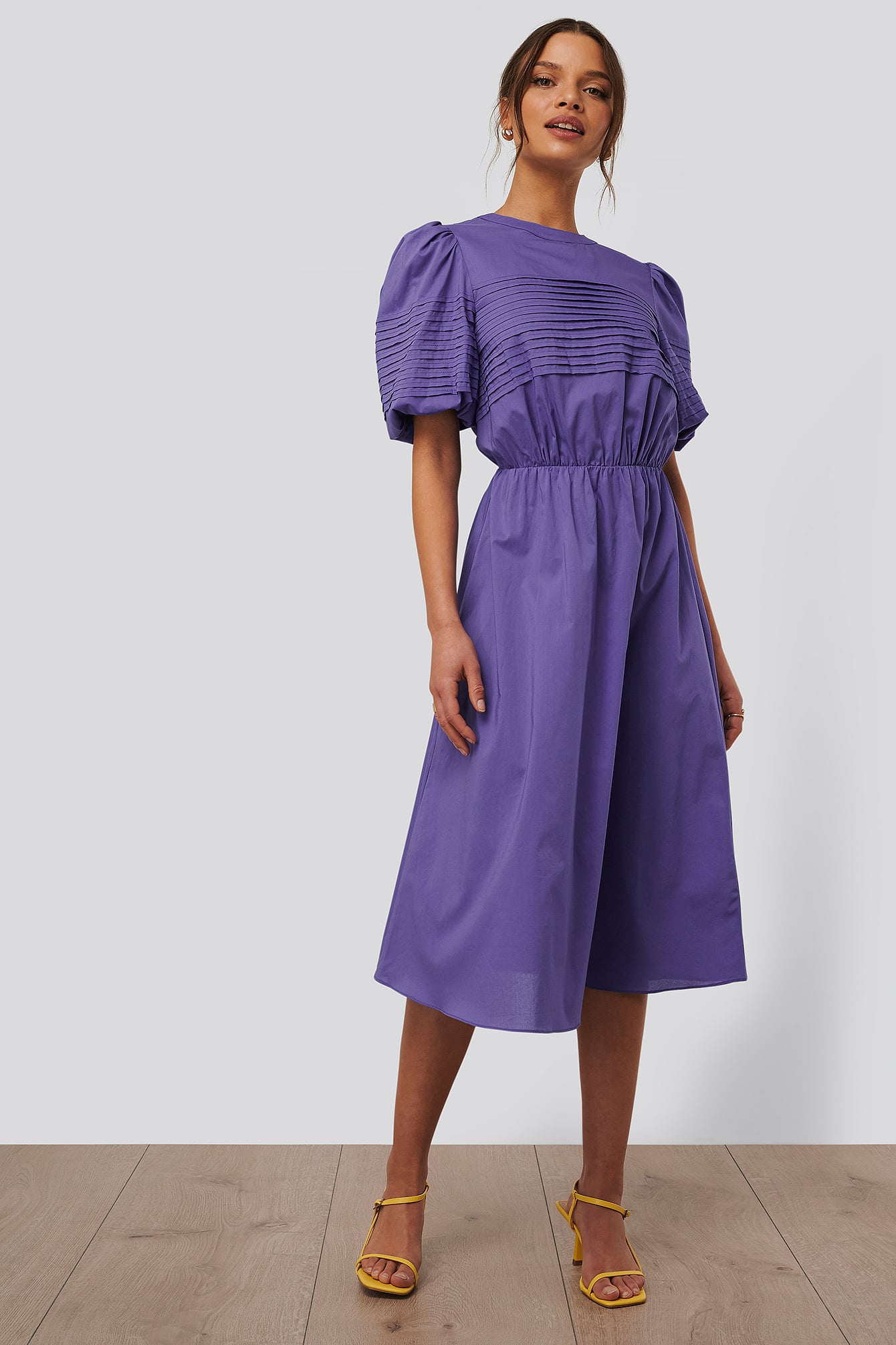Short Puff Sleeve Midi Dress Purple 