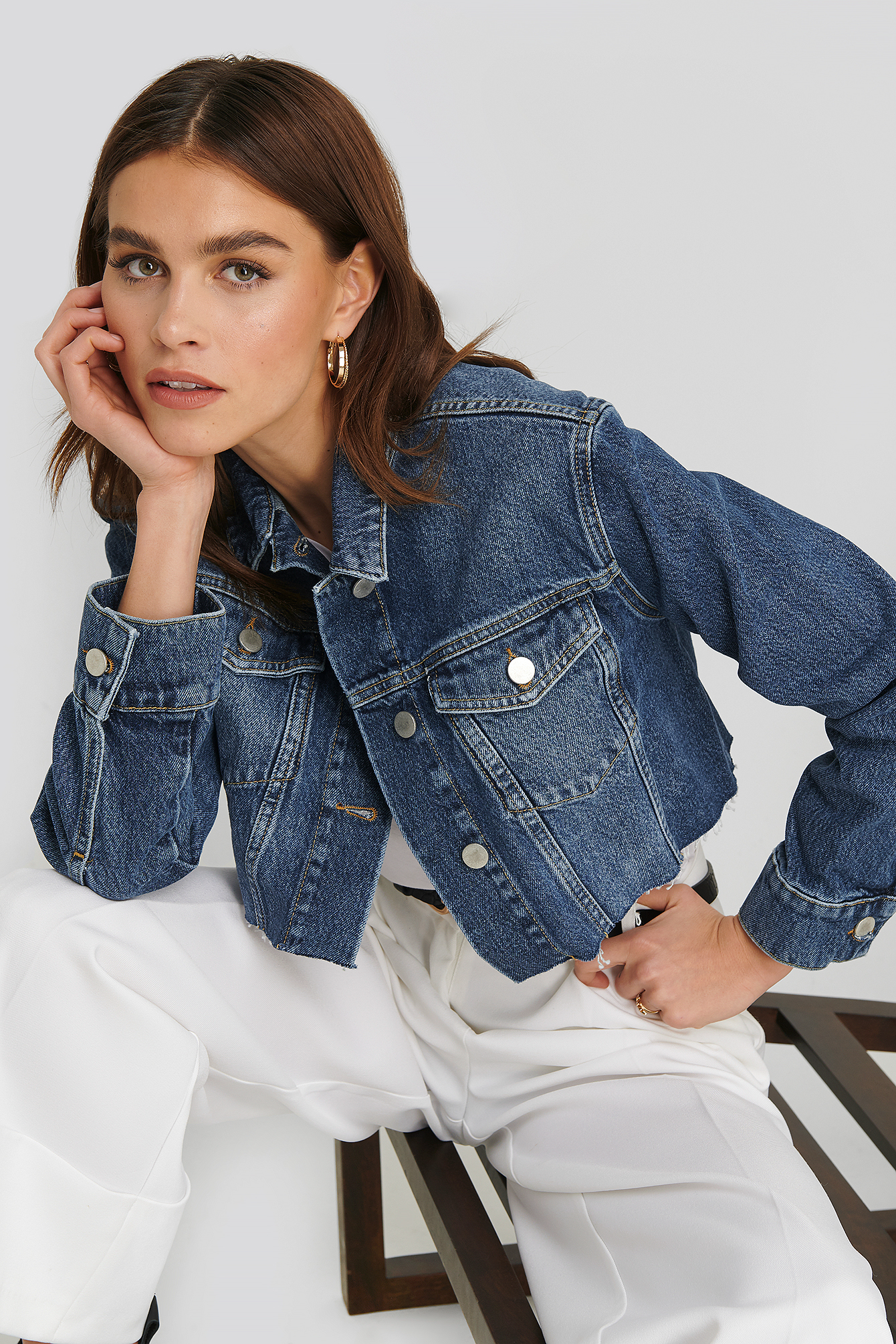 Short Raw Hem Denim Jacket Dark Blue