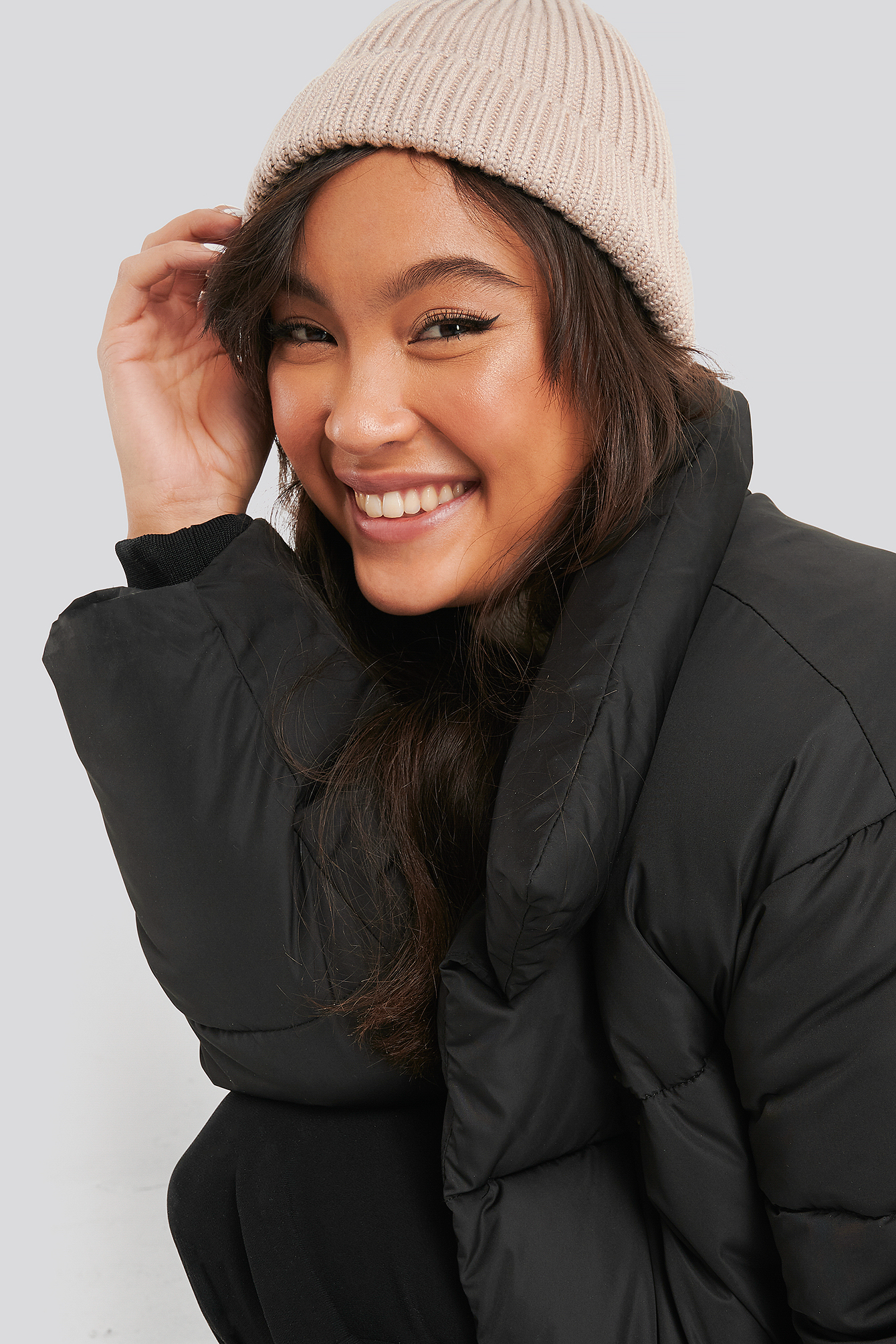 Short Ribbed Beanie Light Beige