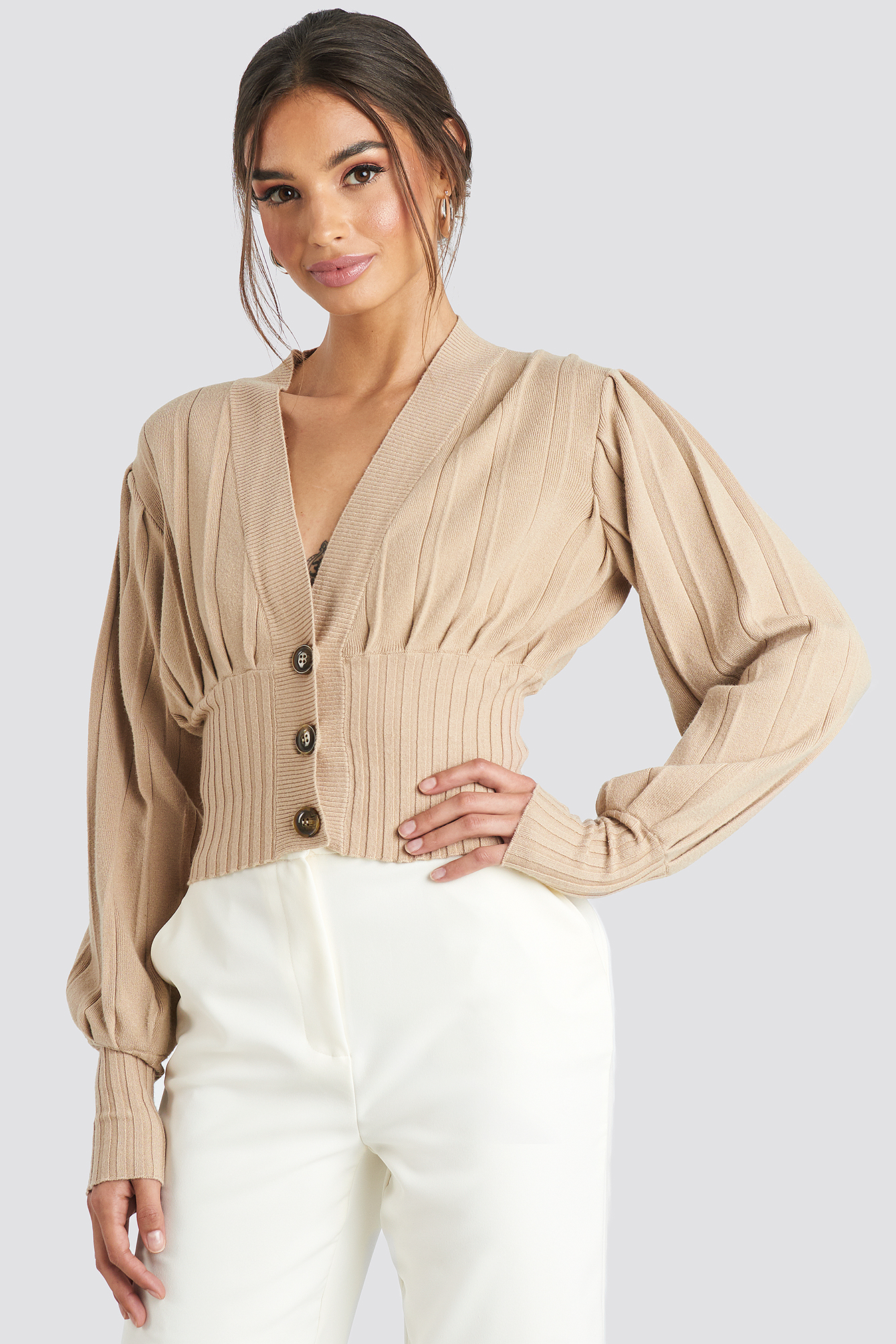 Short Ribbed Cardigan Beige
