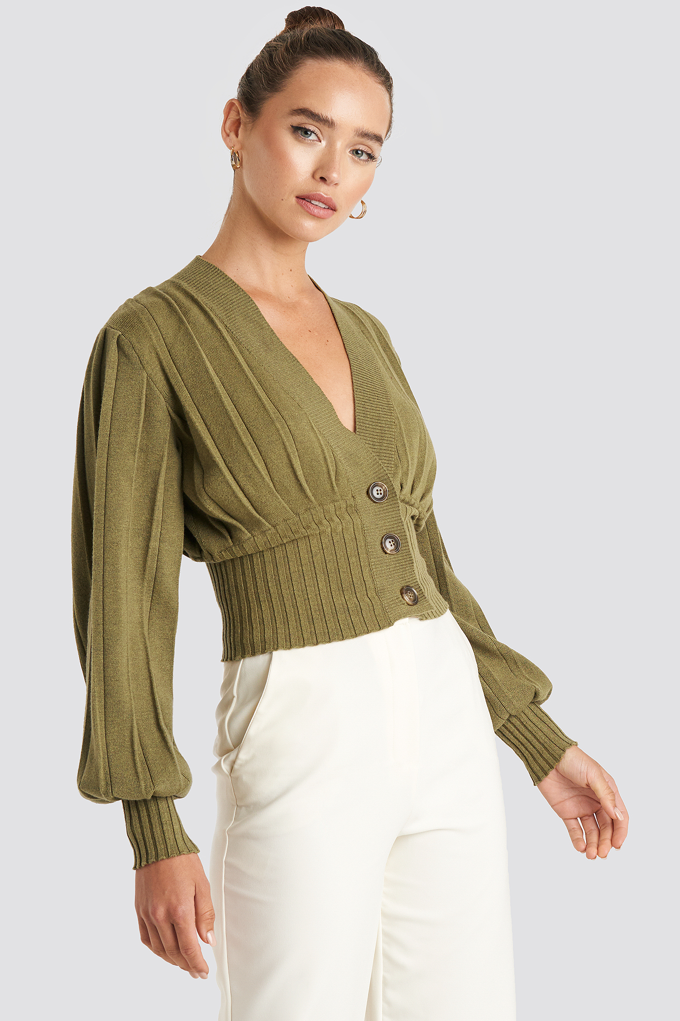 Short Ribbed Cardigan Olive Green