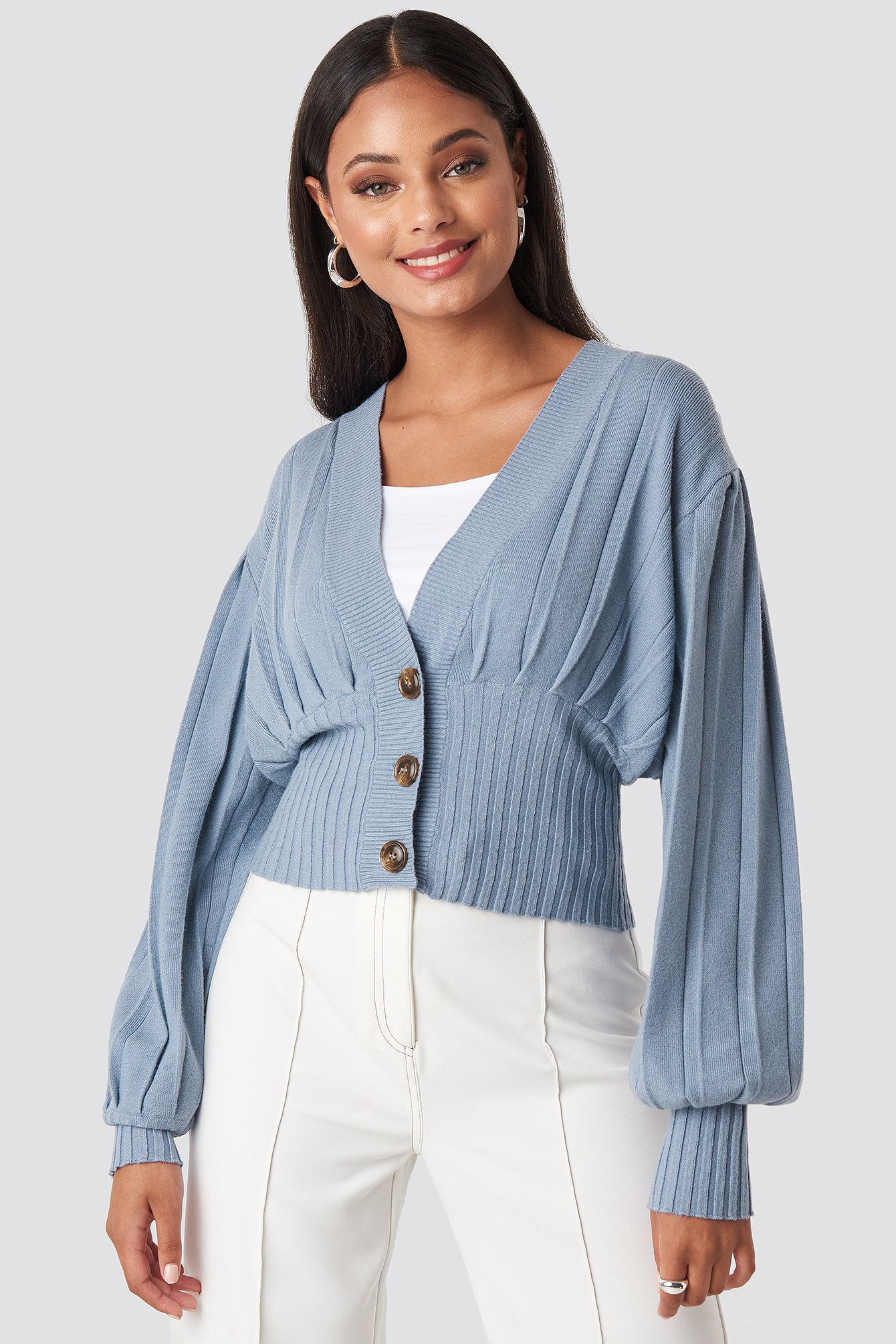 Short Ribbed Cardigan Dusty Blue